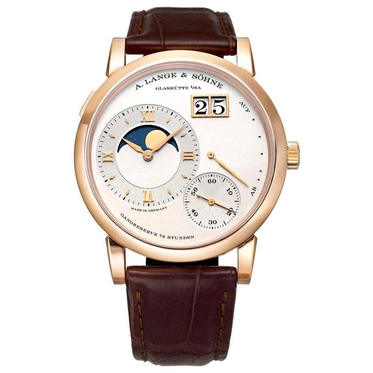 Pre-owned A. Lange & Sohne Grand Lange 1 Moon Phase wristwatch (ref. 139.032), featuring the L095.3 mechanical manual winding movement with an approximate 72-hour power reserve when fully wound; solid silver dial with pink gold hands; Lange's