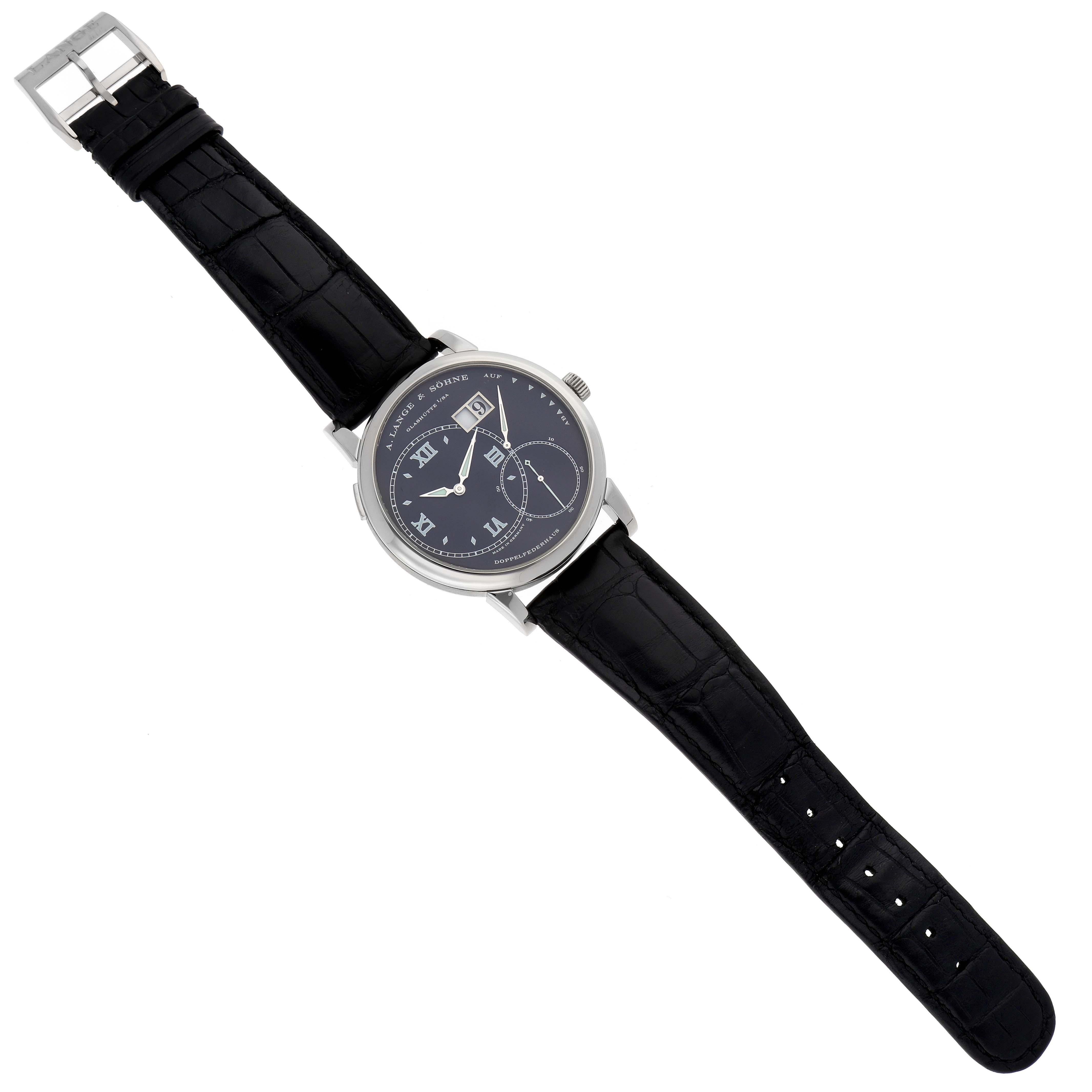 A. Lange & Sohne Grand Lange 1 White Gold Black Dial Mens Watch 115.028. Manual-winding movement. 18k white gold case 41.9 mm in diameter. Exhibition transparent sapphire crystal case back. Quick date-correction button located on the side of the