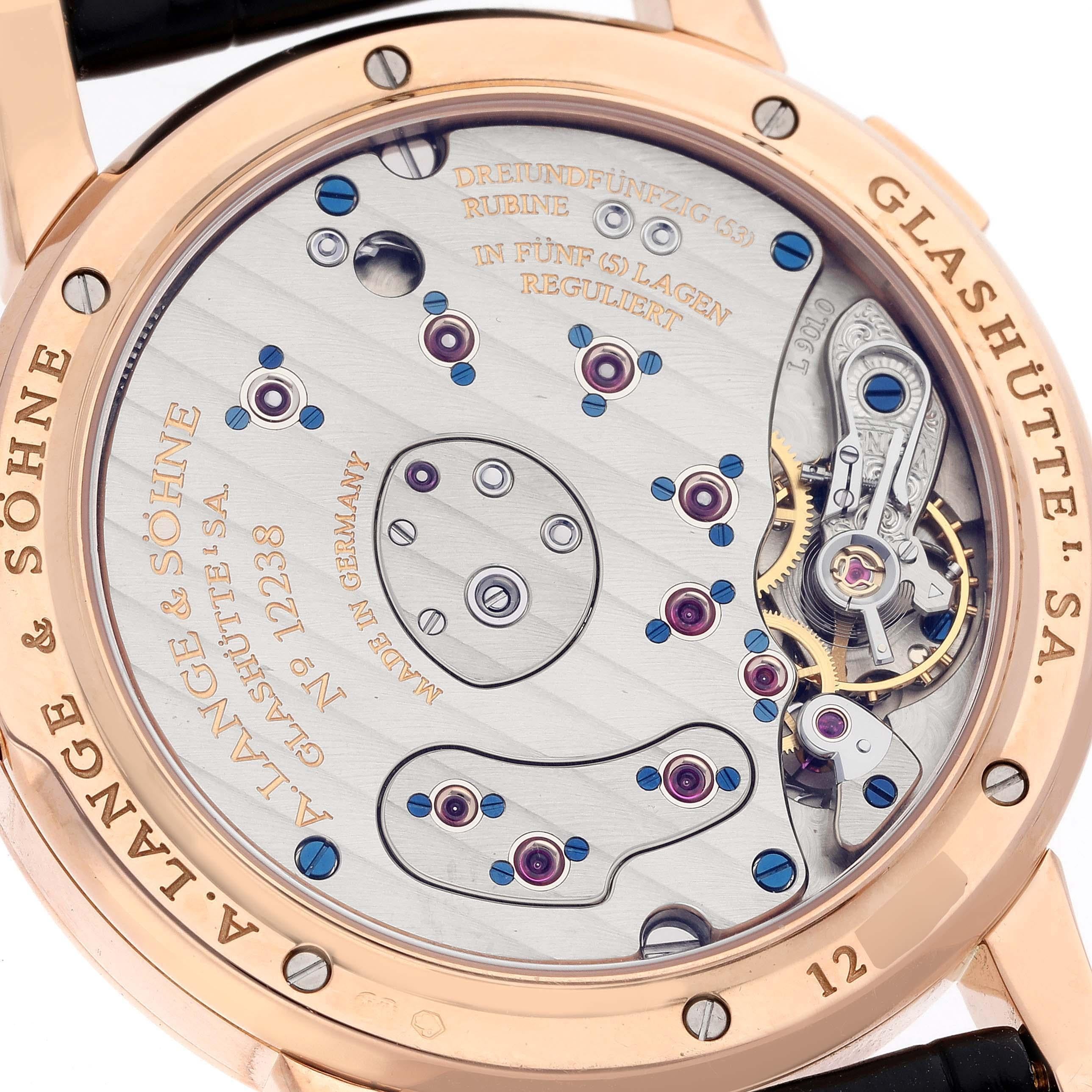 A. Lange & Sohne Lange 1 Rose Gold Black Dial Mens Watch 101.031. Manual-winding movement. 18k rose gold case 38.5 mm in diameter. Exhibition transparent sapphire crystal case back. Quick date-correction button located on the side of the case at the