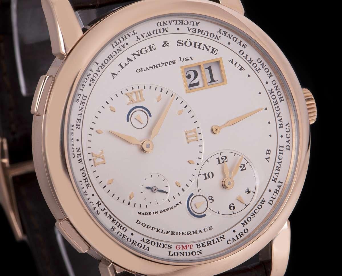A. Lange & Sohne Lange 1 Time Zone Rose Gold Silver Dial B&P 116.032/LS1164AD In Excellent Condition In London, GB