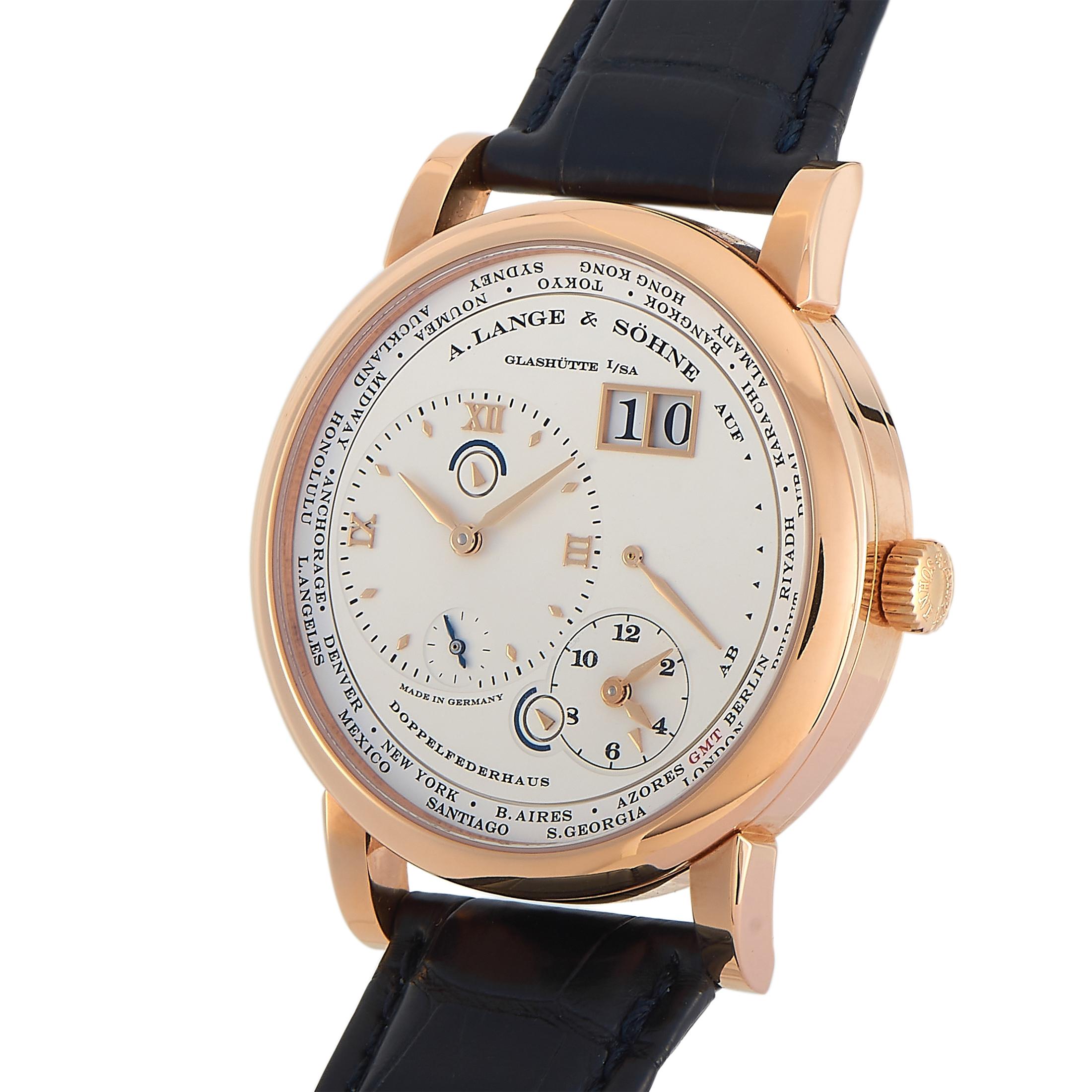 Designed with handsome refinement, the A. Lange & Söhne 1 Time Zone Men's Watch 116.032 will make a striking statement on the wrist. This timepiece features a 41.9mm case in polished 18K rose gold, a matte silver-colored solid silver dial, and a