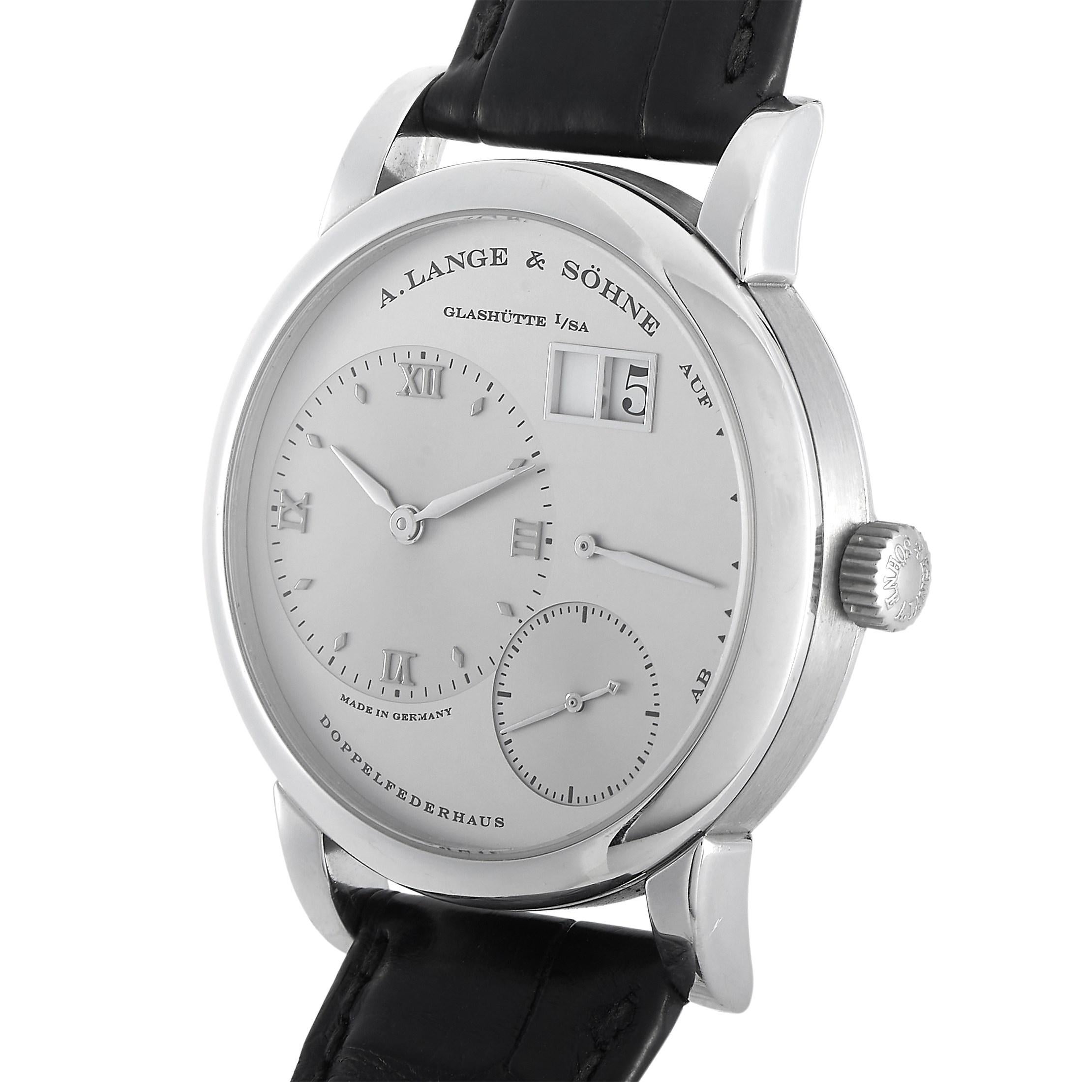 The A. Lange & Sohne Lange 1 Watch, reference number 191.025, is a luxury timepiece that will never go out of style. 

The beauty of this watch begins with the 38.5mm platinum case. A creatively designed white dial includes a traditional watch face