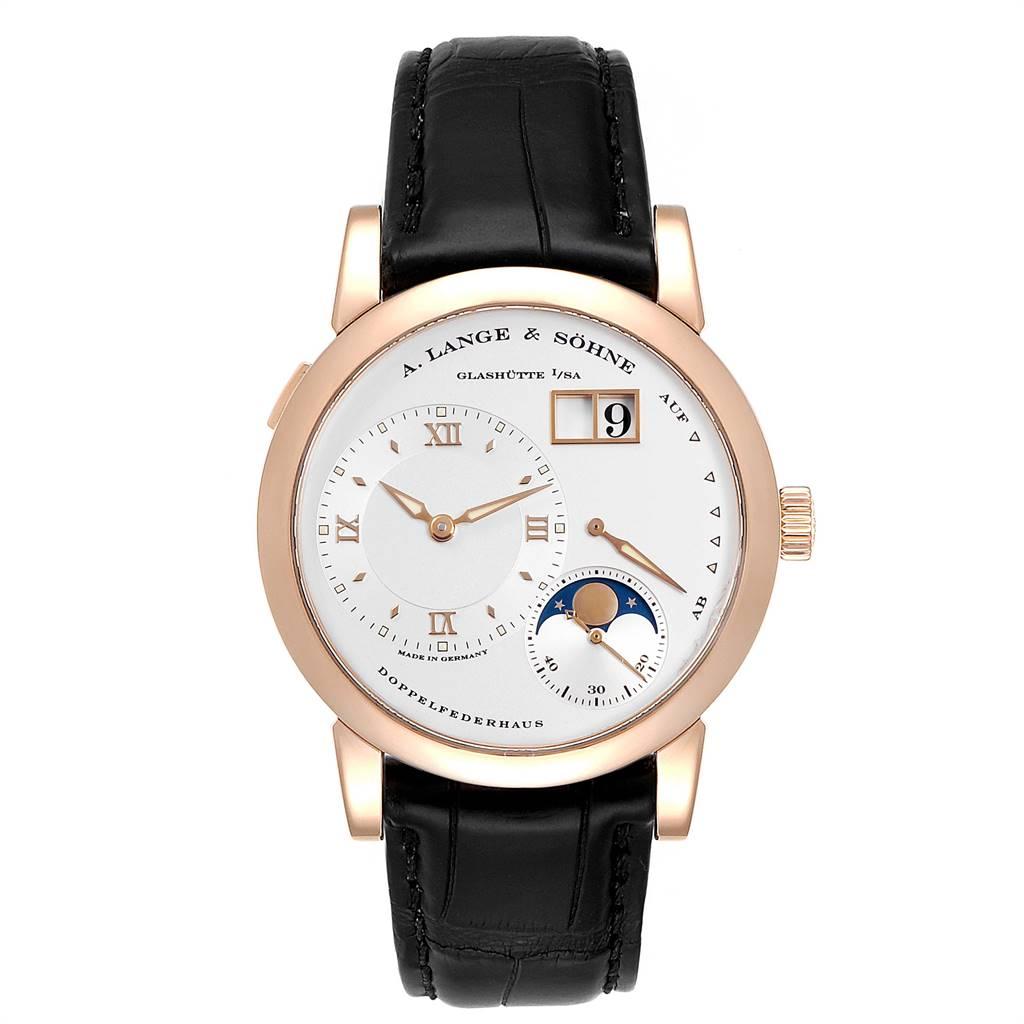 A. Lange Sohne Rose Gold Moonphase 38.5mm Mens Watch 109.032 Box Papers. Manual-winding movement. 18K rose gold case 38.5 mm in diameter.  Case thickness 10.4mm. Exhibition case back. Quick date-correction button located on the case edge at the 10