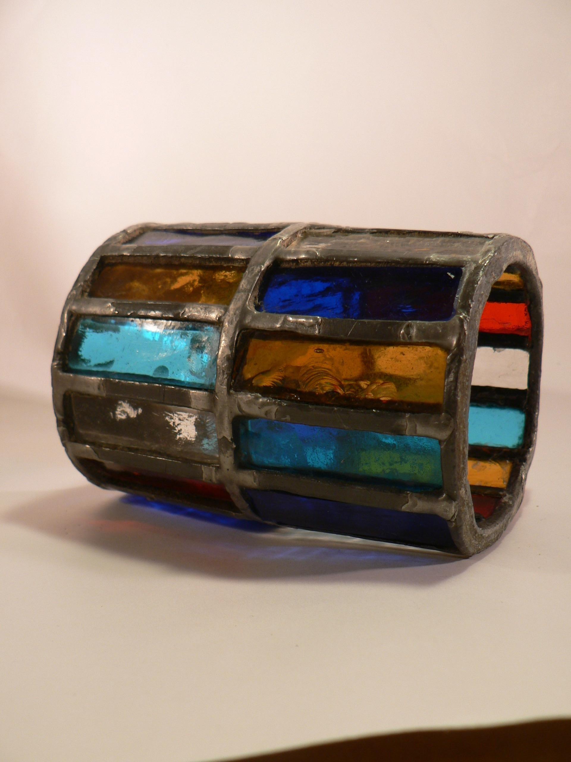 A 1960s french lantern, multicolored blown glass and pewter, constructed using stained glass techniques.

