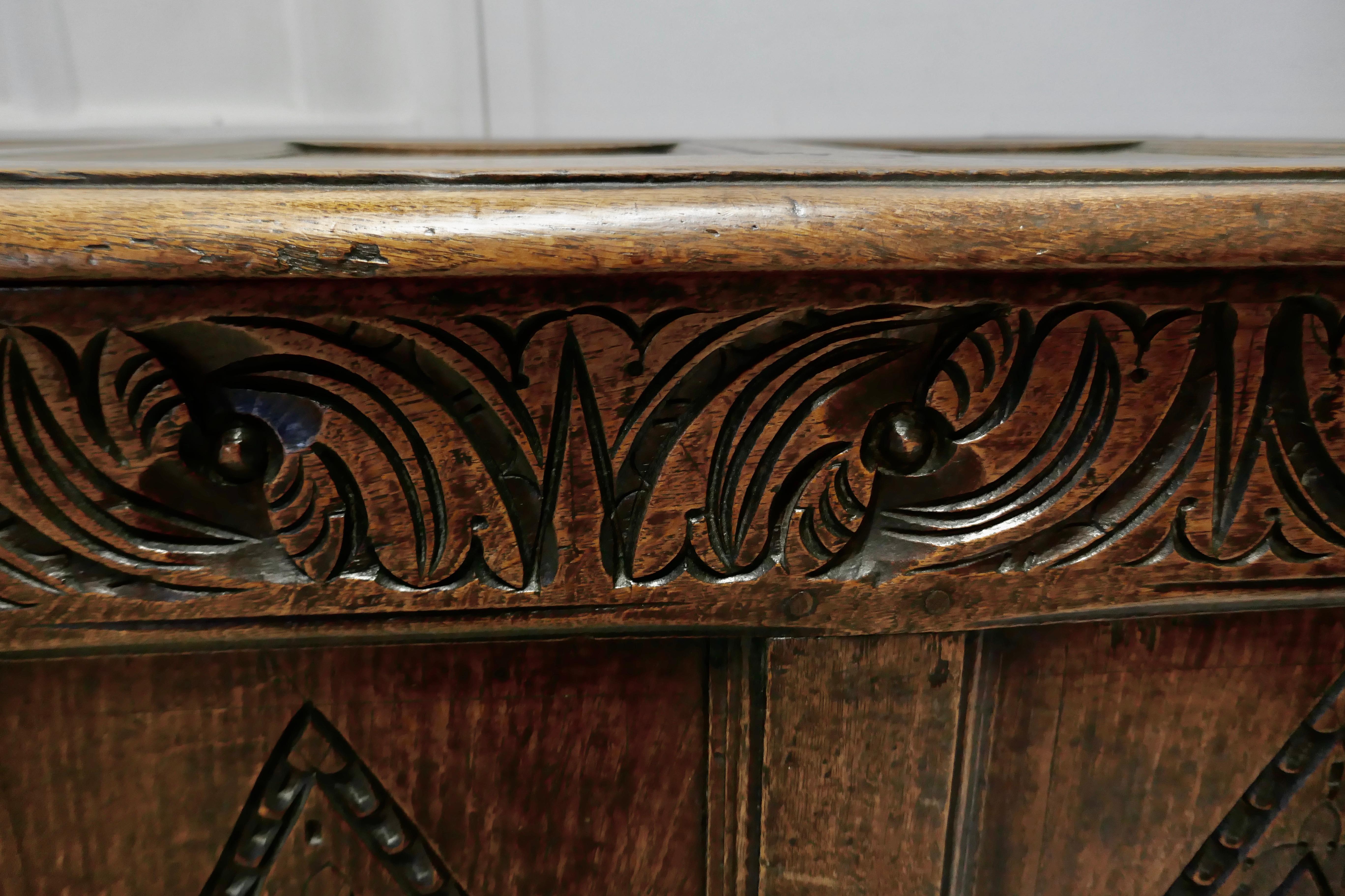 Large 17th Century Carved Oak Coffer For Sale 5
