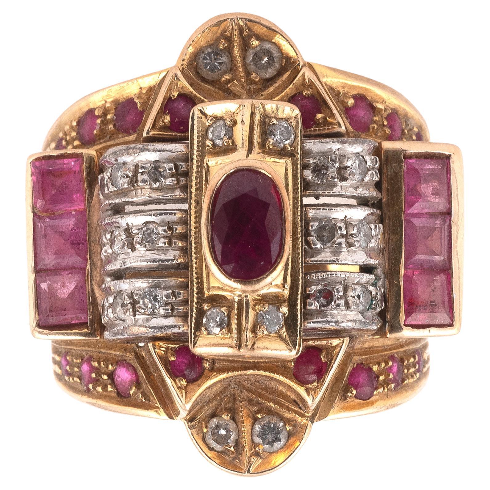 Retro A Large 18K Rose Gold Ruby And Diamond Ring Circa 1940 For Sale