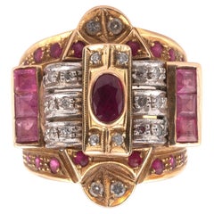 Vintage A Large 18K Rose Gold Ruby And Diamond Ring Circa 1940