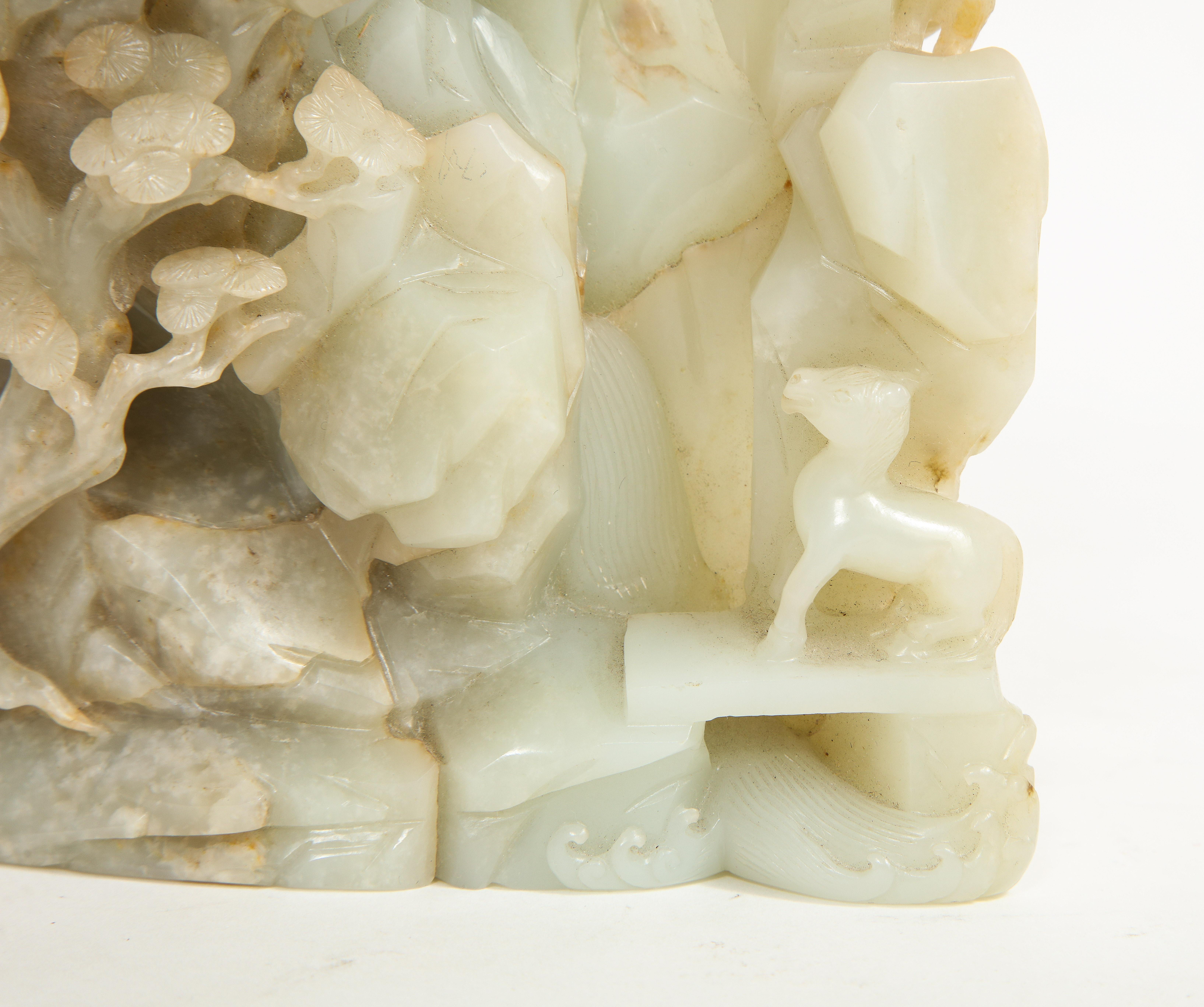 Large 18th/19th C. Chinese Pale Celadon Jade High Relief Hand-Carved Mountain 8