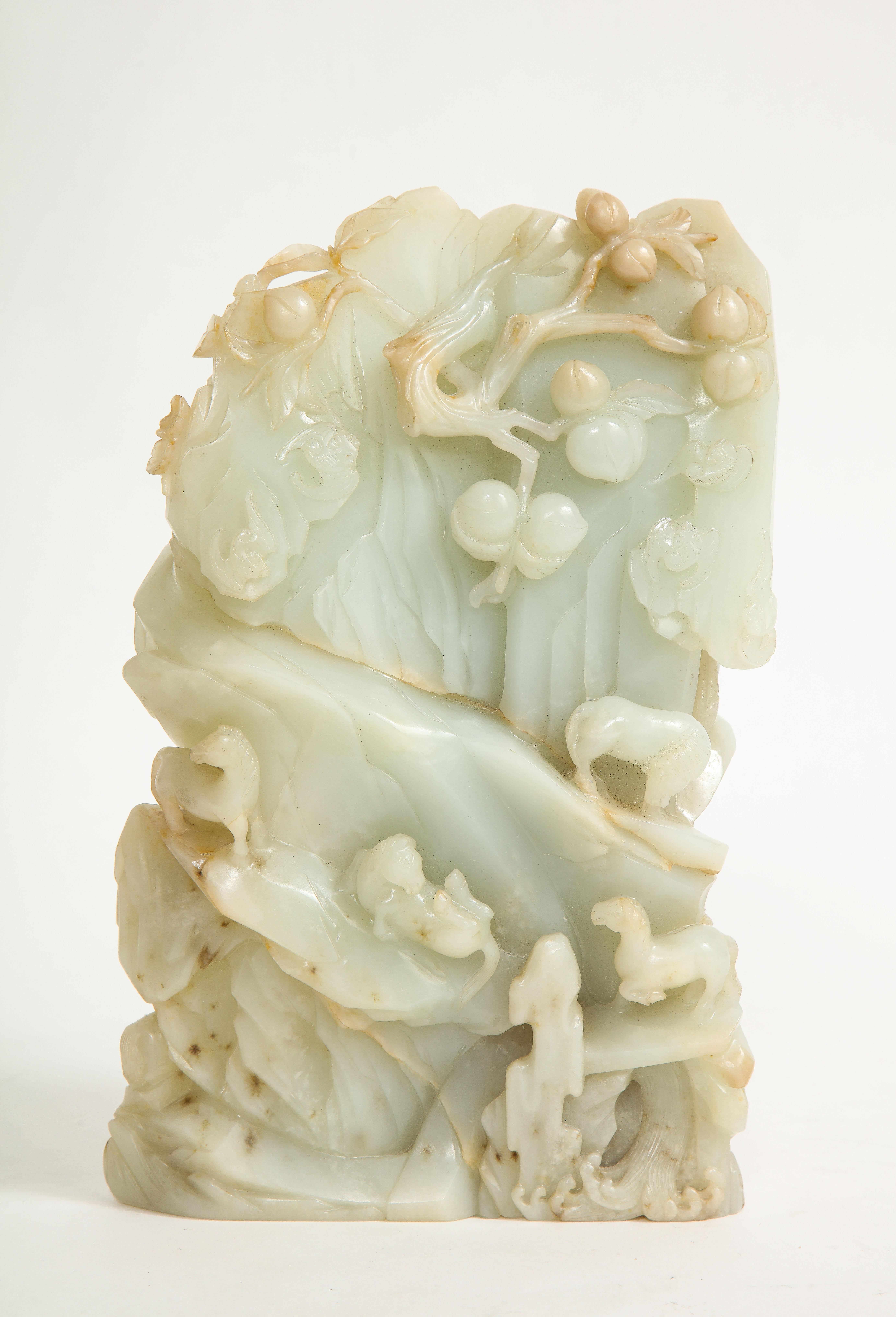 Qing Large 18th/19th C. Chinese Pale Celadon Jade High Relief Hand-Carved Mountain