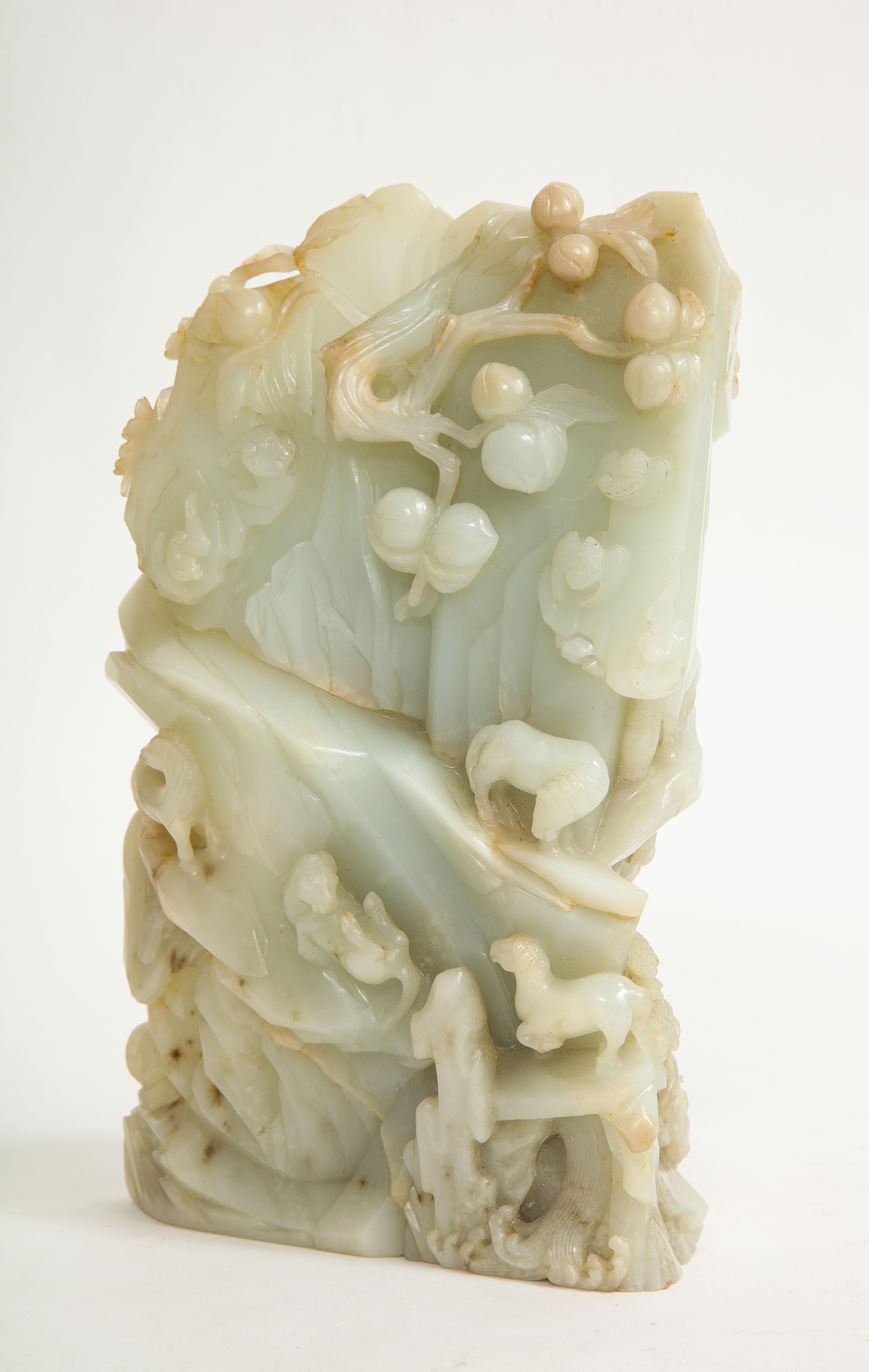 Large 18th/19th C. Chinese Pale Celadon Jade High Relief Hand-Carved Mountain In Good Condition In New York, NY