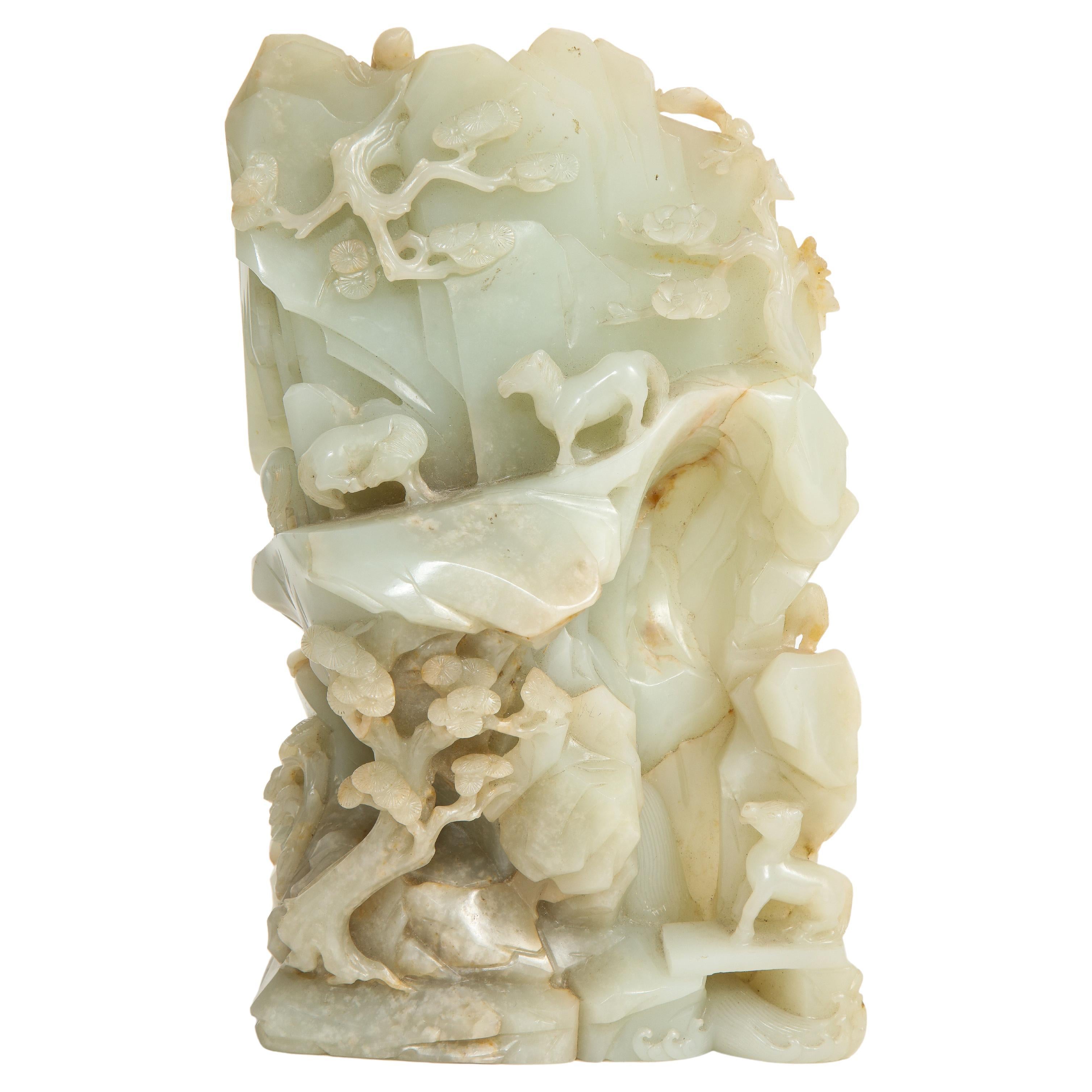 Large 18th/19th C. Chinese Pale Celadon Jade High Relief Hand-Carved Mountain