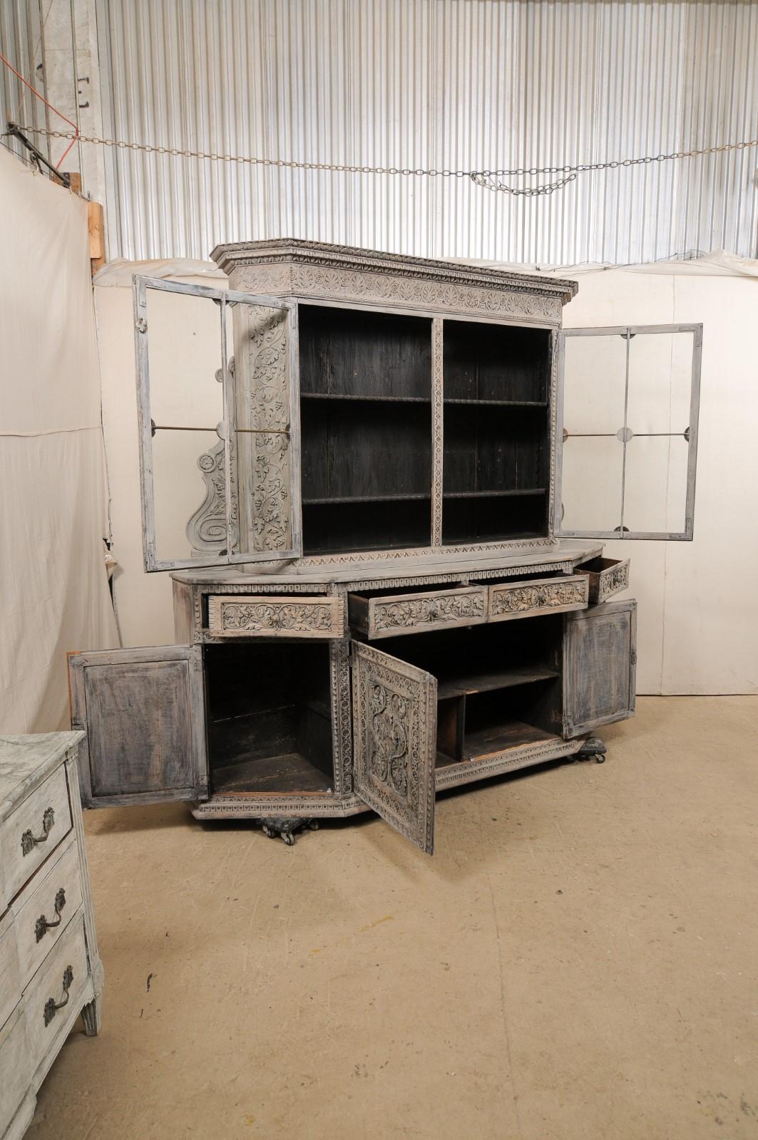 Large 18th C. Italian Wood Cabinet w/Upper Glass Display, Fabulously Carved! For Sale 3
