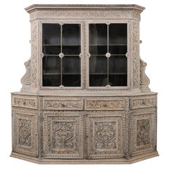 Antique Large 18th C. Italian Wood Cabinet w/Upper Glass Display, Fabulously Carved!