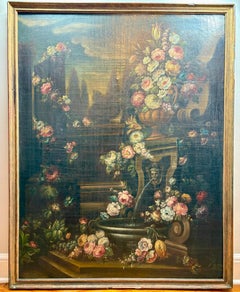 Gran bodegón italiano del siglo XVIII de flores en un jardín clásico