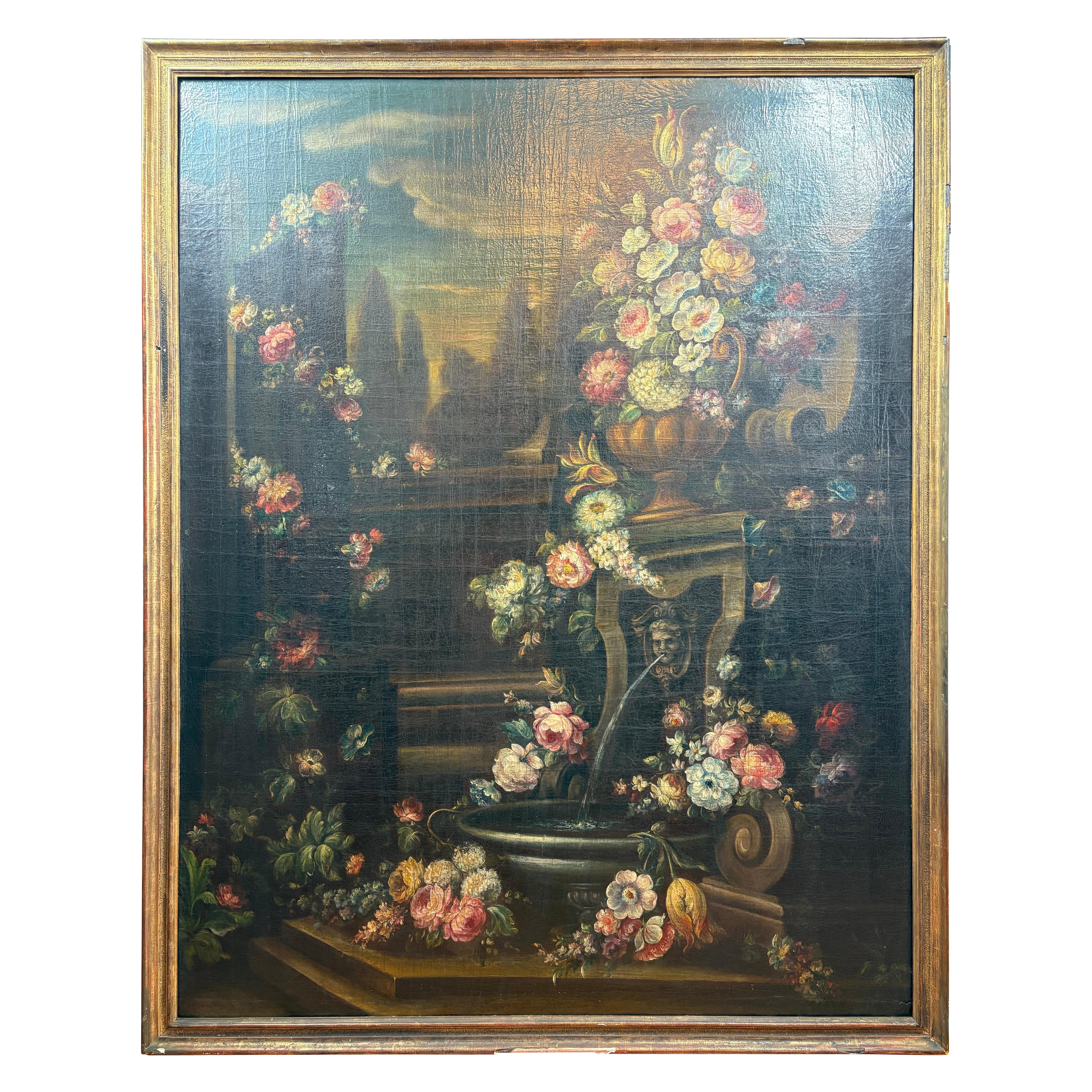 Grande nature morte italienne du XVIIIe siècle représentant des fleurs dans un jardin classique