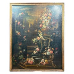 Gran bodegón italiano del siglo XVIII de flores en un jardín clásico