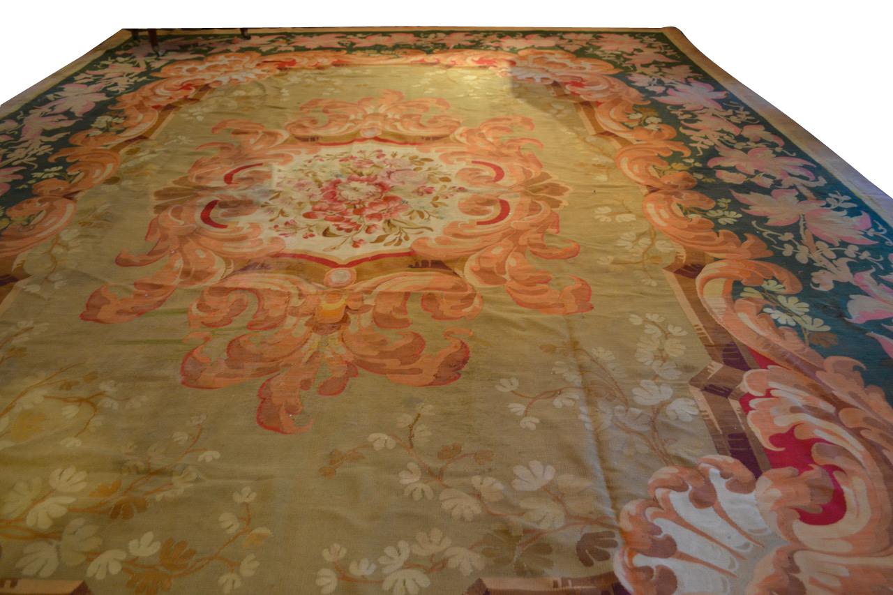 Wool Large 19hC French Aubusson Carpet in Flowery and Leafy Tropical Hues For Sale