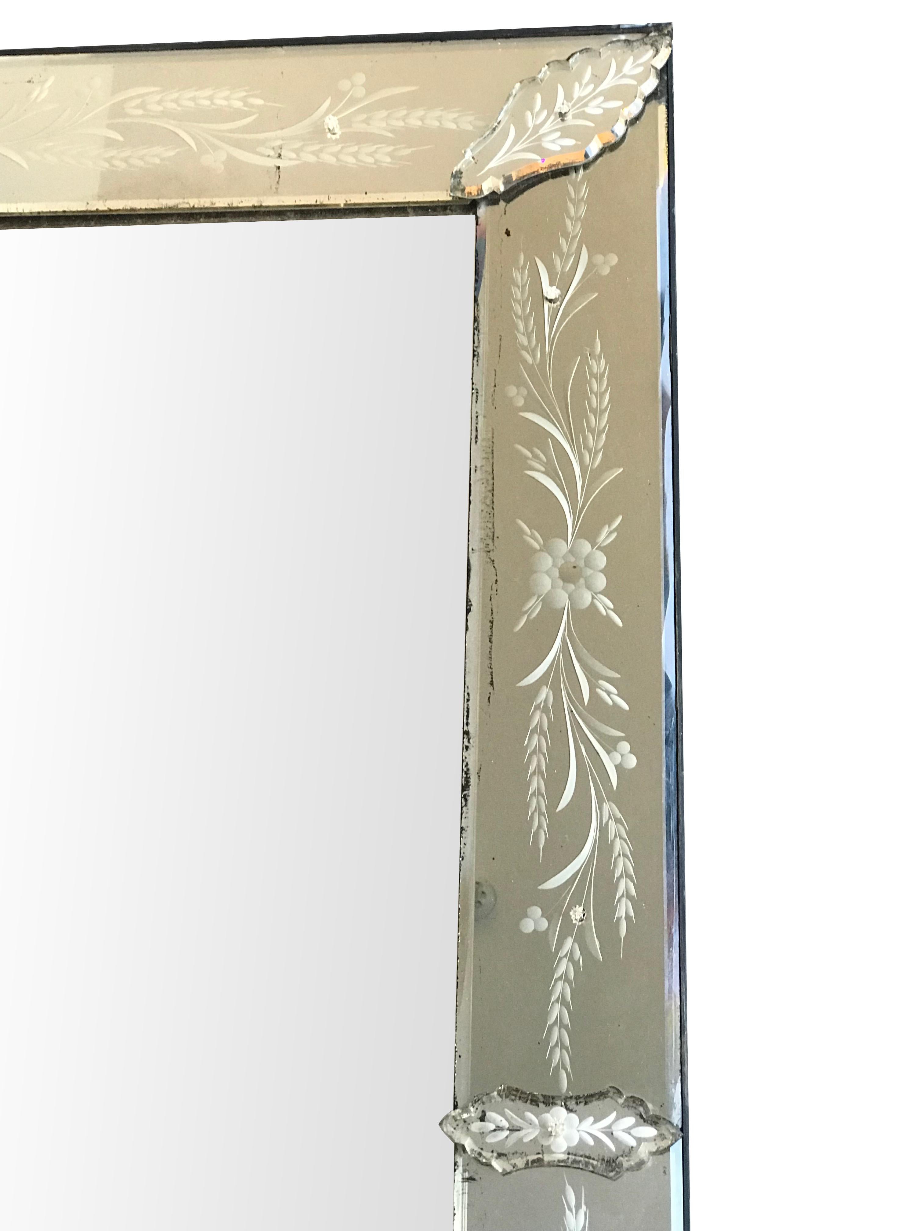 Edwardian Large 1920s Venetian Mirror with Etched Mirrored Frame
