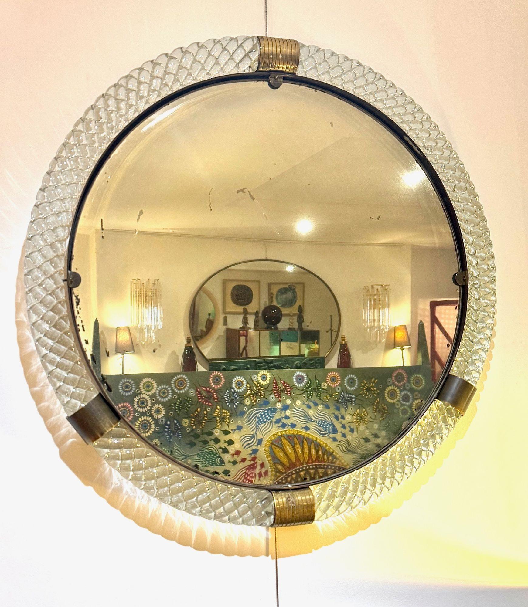 Un gran espejo circular de cristal de Murano y latón de los años 40, de Barovier y Toso en venta 8