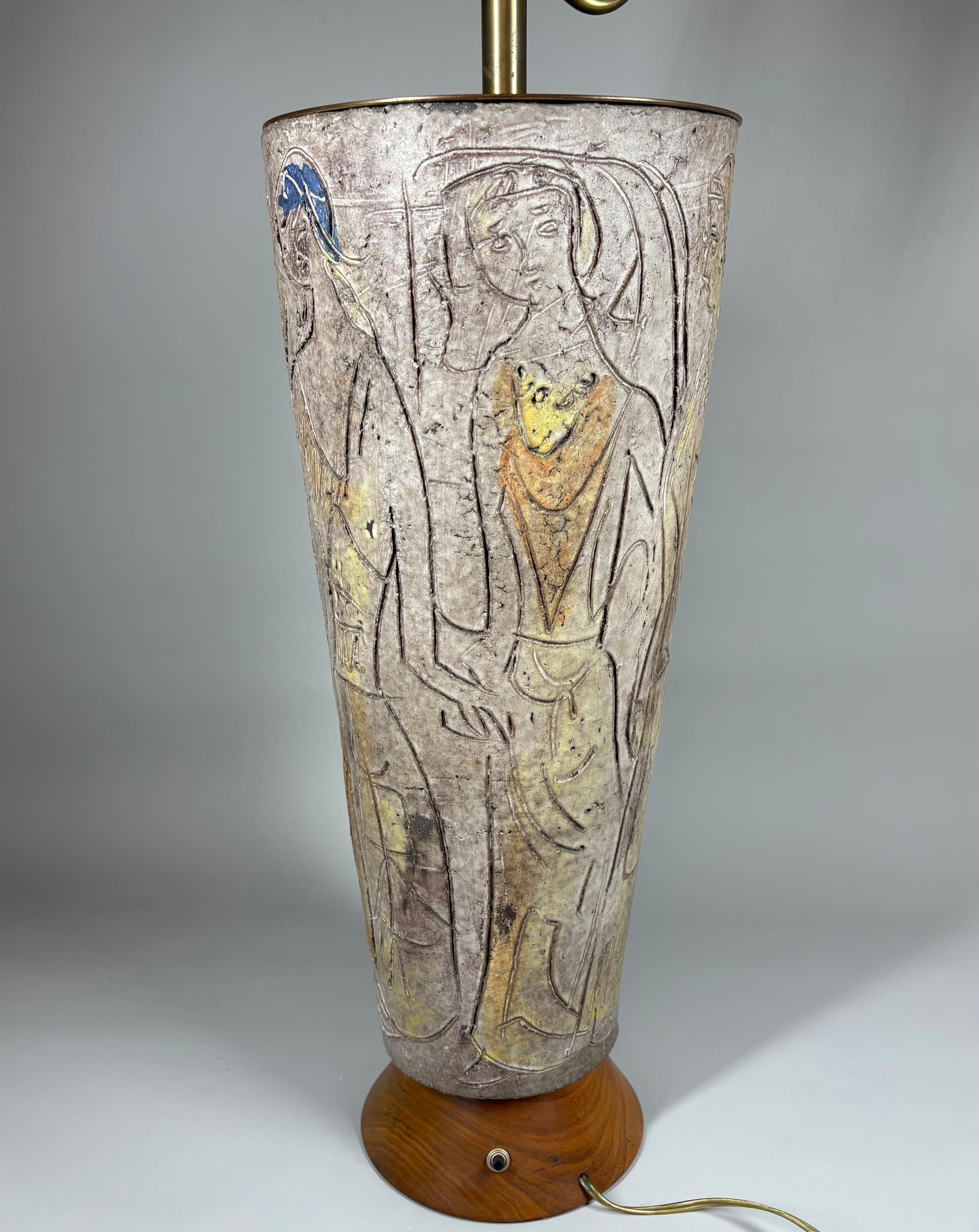 A large 1960's glazed ceramic hand-carved and decorated lamp (20. Jahrhundert) im Angebot