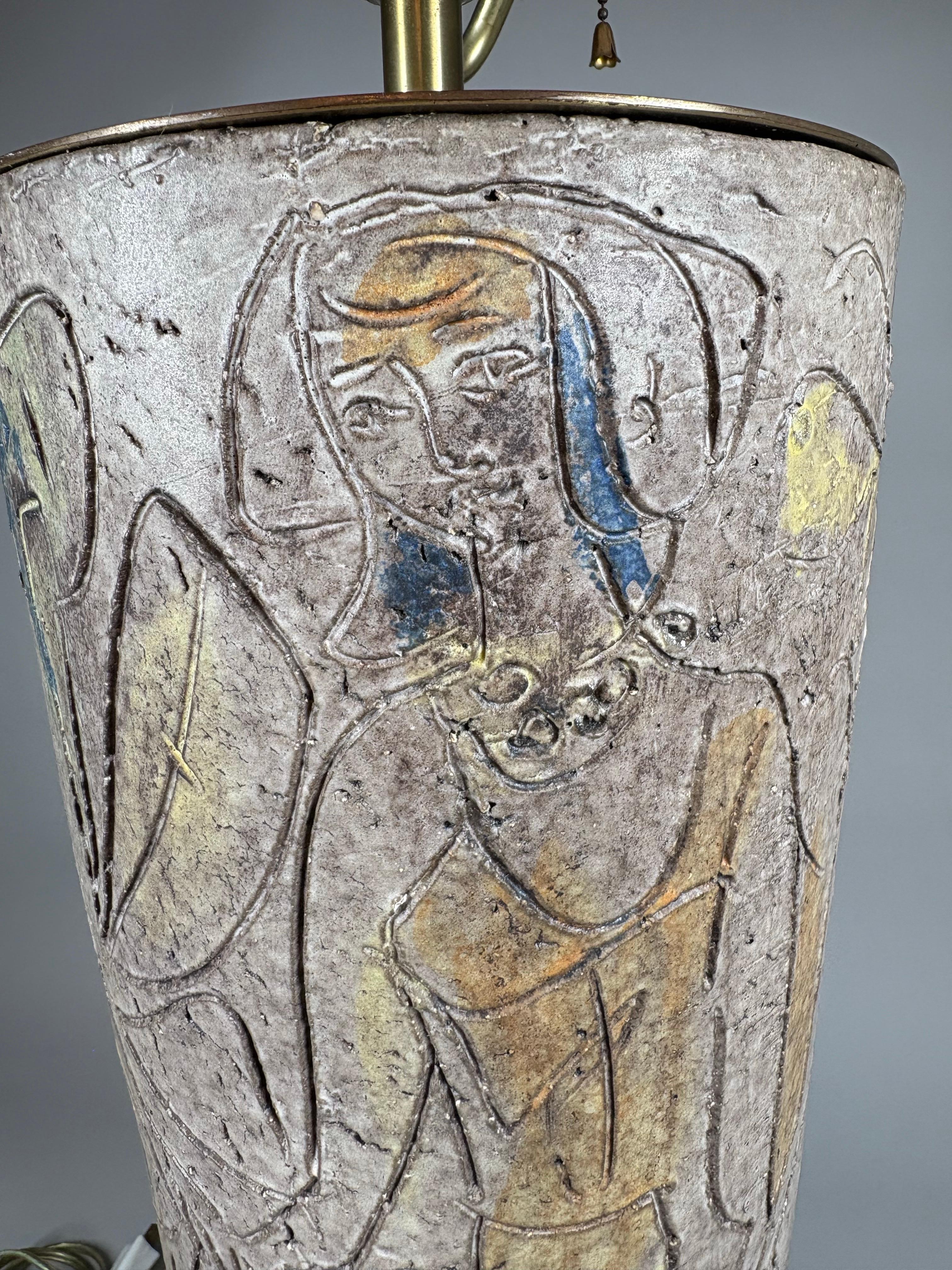 A large 1960's glazed ceramic hand-carved and decorated lamp im Angebot 1