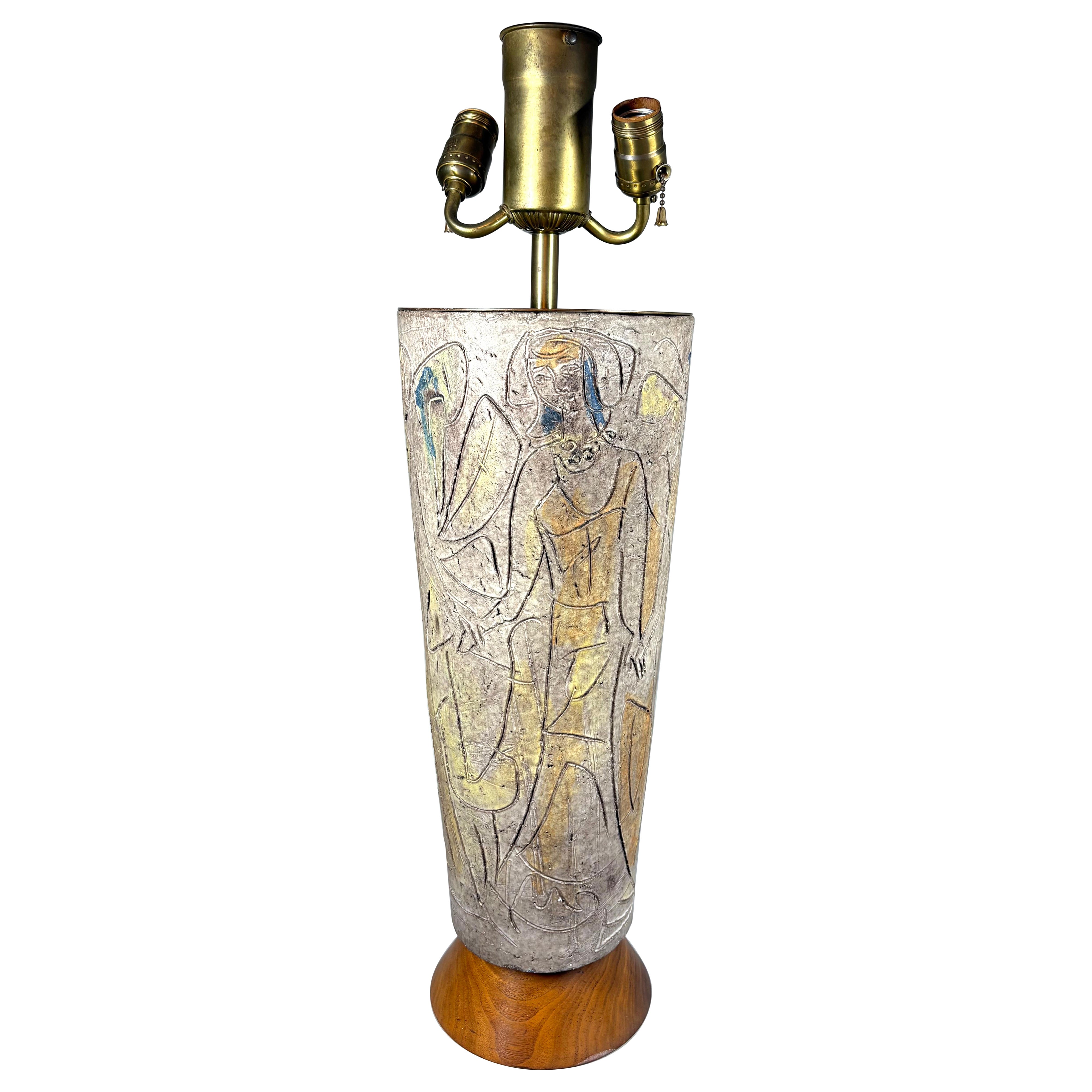A large 1960
s glazed ceramic hand-carved and decorated lamp im Angebot