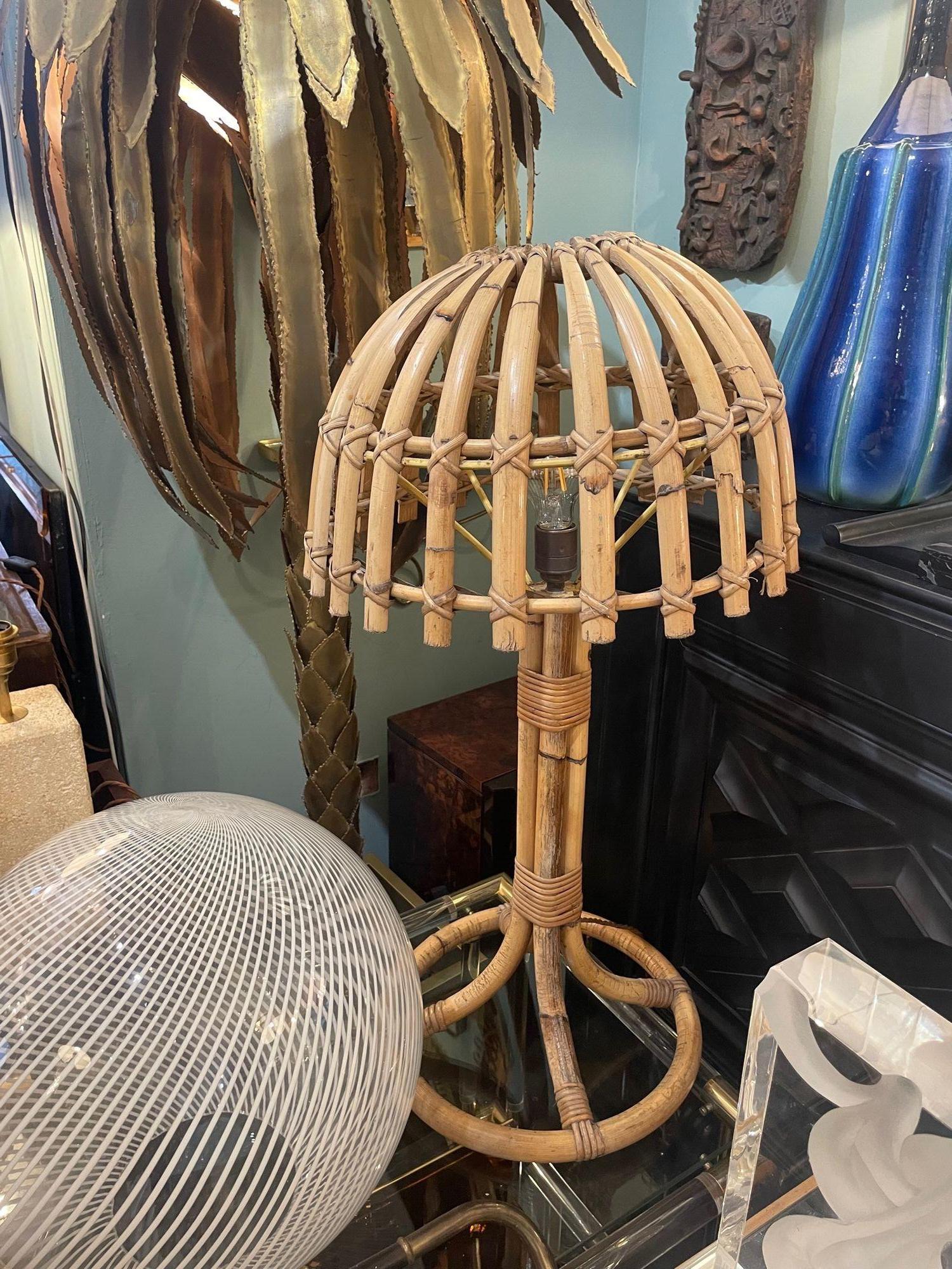 A large 1970s bamboo mushroom lamp by Louis Sognot For Sale 3