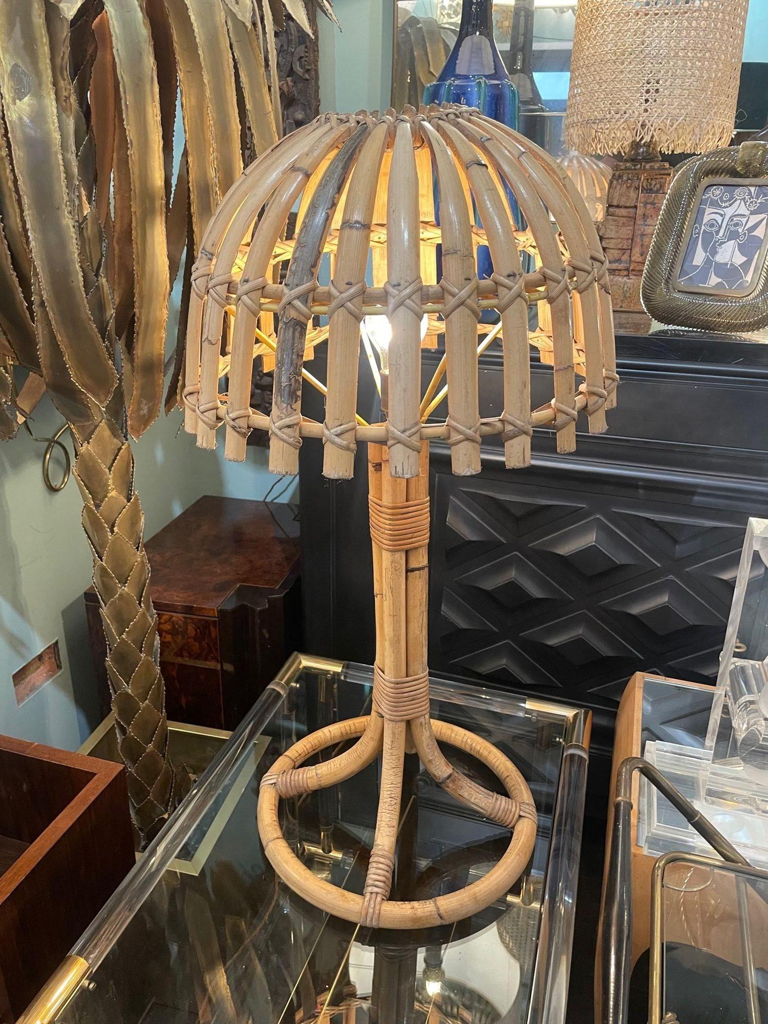 A large French 1960s bamboo mushroom lamp by Louis Sognot, re wired with new bronze fitting, antique gold cord flex and switch and PAT tested 