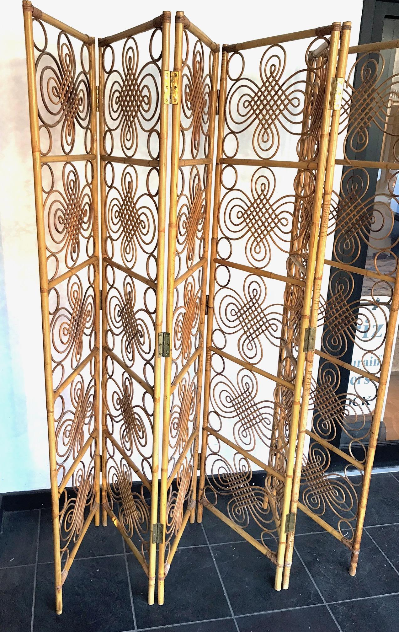 Large 1970s French Riviera Hinged Six-Panel Bamboo Screen, Room Divider In Good Condition In London, GB