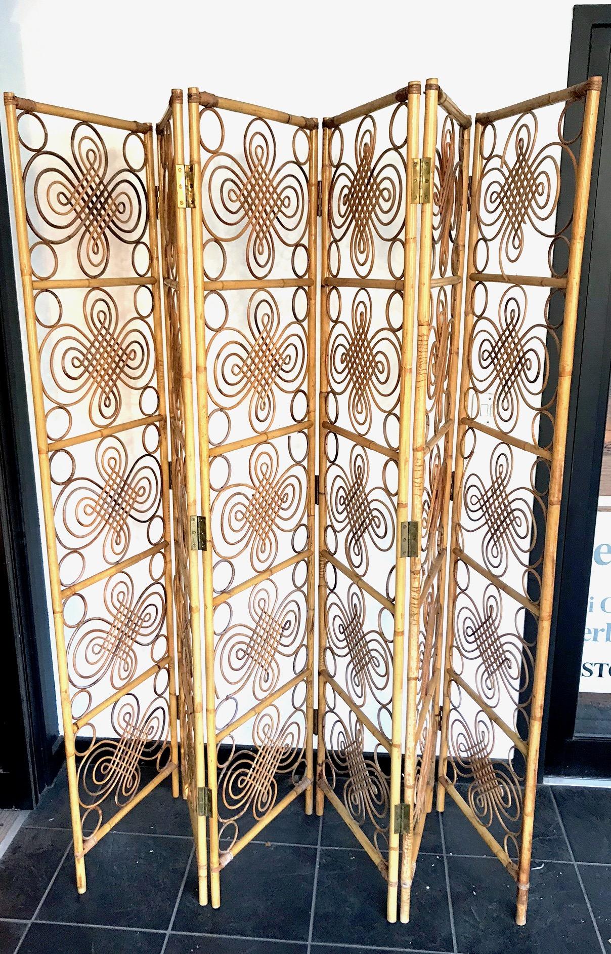Late 20th Century Large 1970s French Riviera Hinged Six-Panel Bamboo Screen, Room Divider