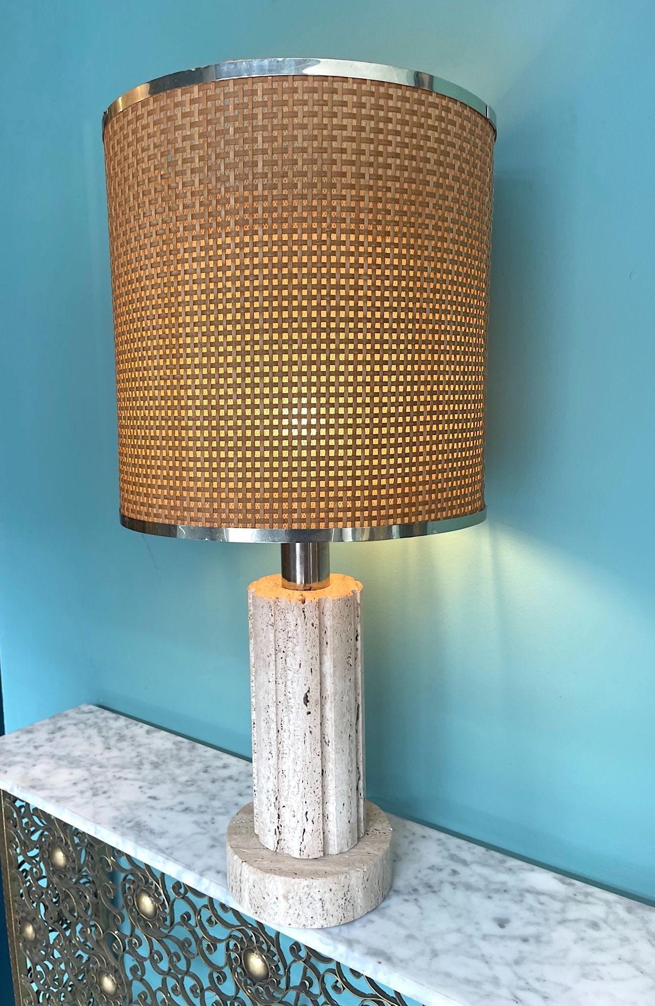 Italian A large 1970s travertine lamp by Fratelli Mannelli with orignal rattan shade