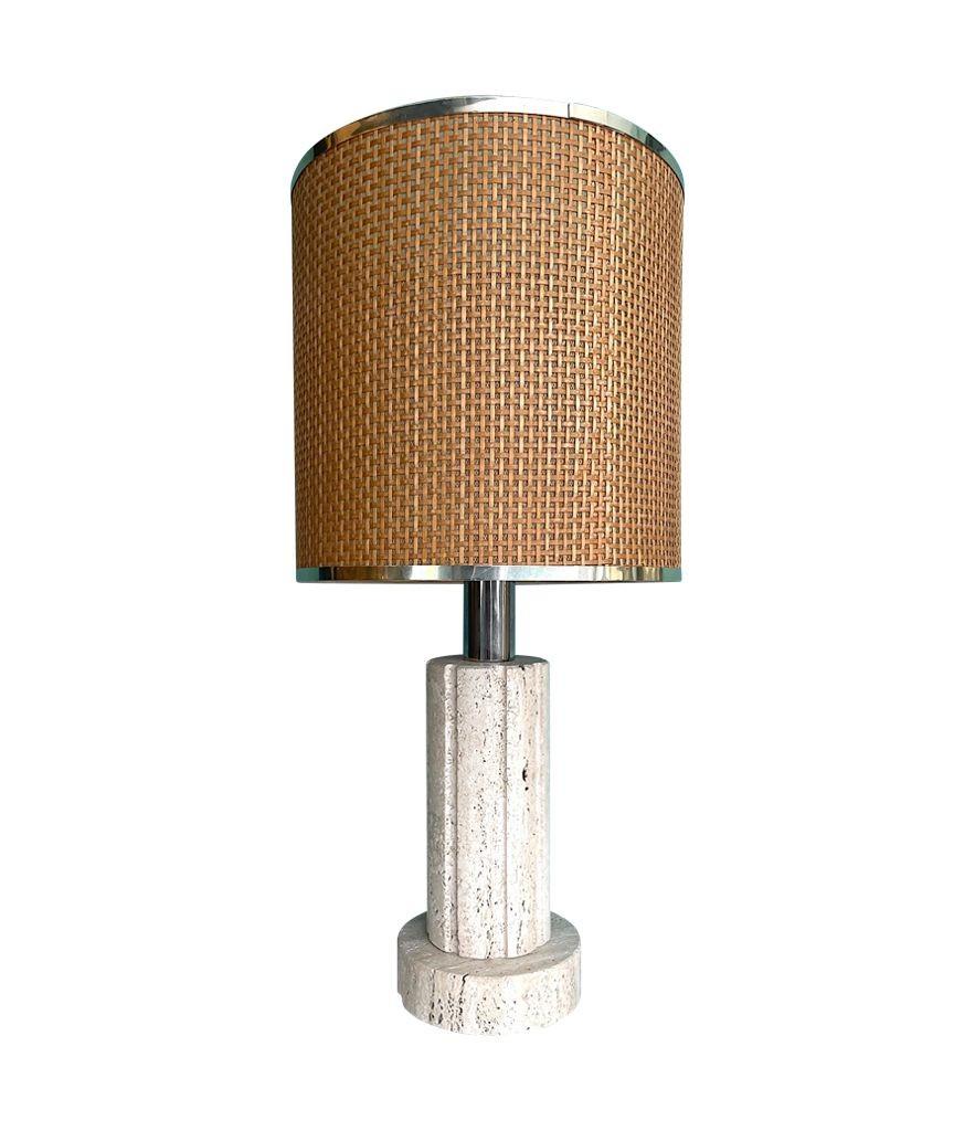 A large 1970s travertine lamp by Fratelli Mannelli with orignal rattan shade In Good Condition In London, GB