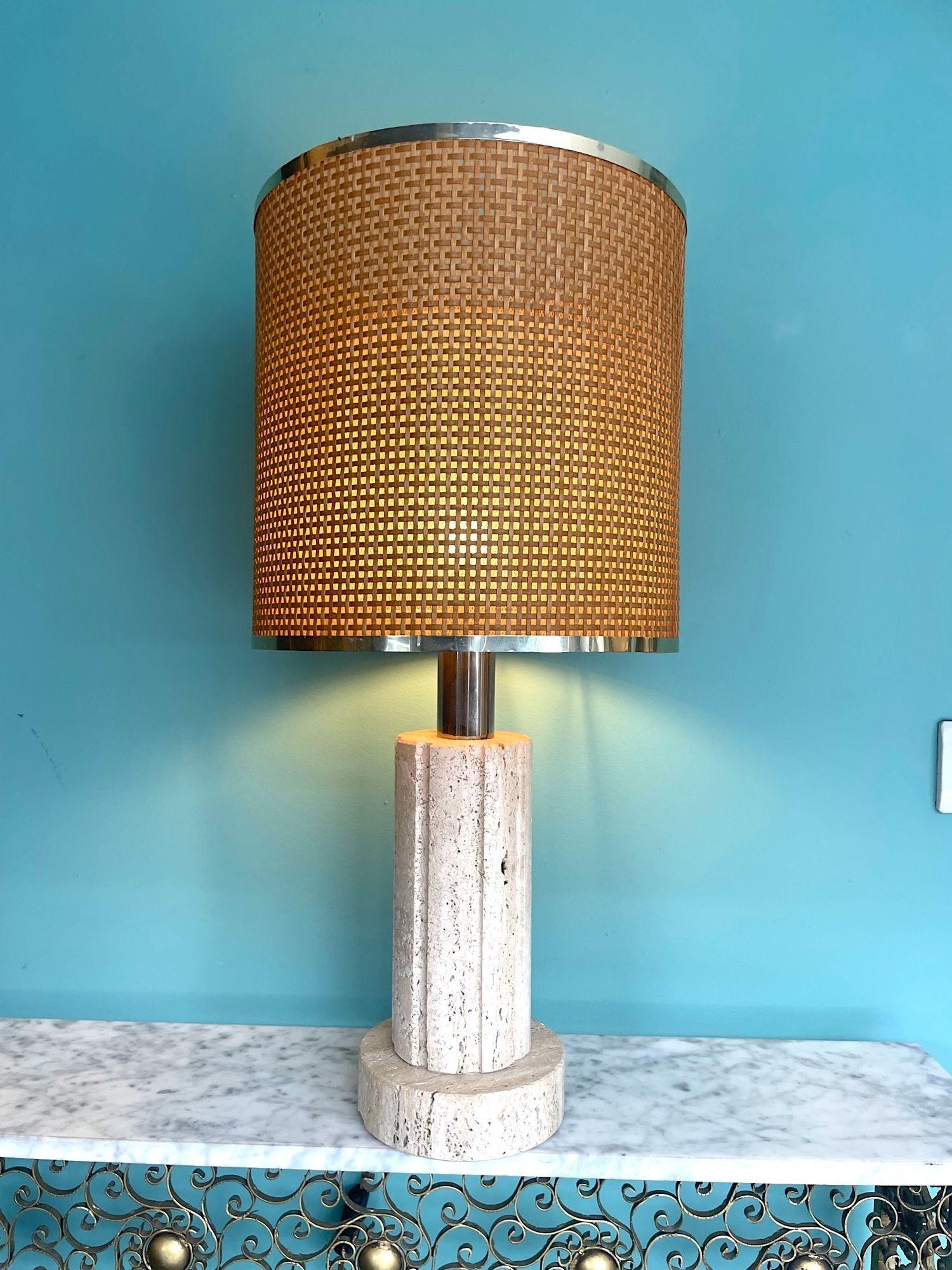 Late 20th Century A large 1970s travertine lamp by Fratelli Mannelli with orignal rattan shade