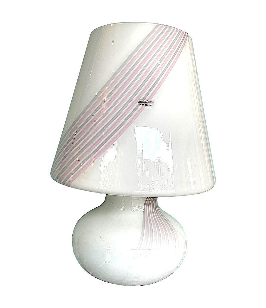 A large 1980s handmade Murano glass mushroom lamp with pink and grey stripes For Sale 4