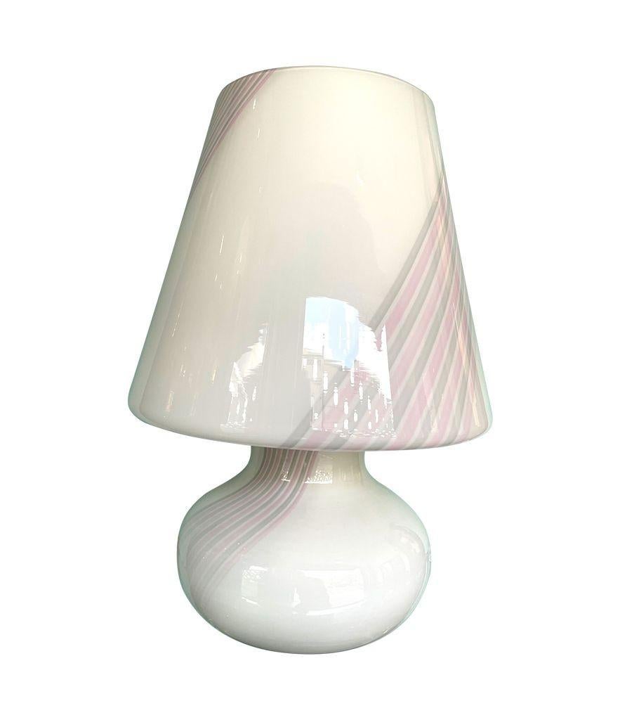 A large 1980s handmade Murano glass mushroom lamp with pink and grey stripes For Sale 6