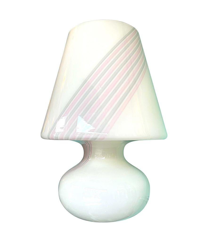 Italian A large 1980s handmade Murano glass mushroom lamp with pink and grey stripes For Sale