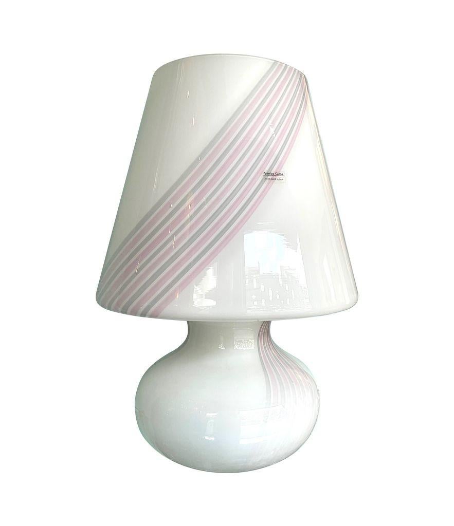 Murano Glass A large 1980s handmade Murano glass mushroom lamp with pink and grey stripes For Sale