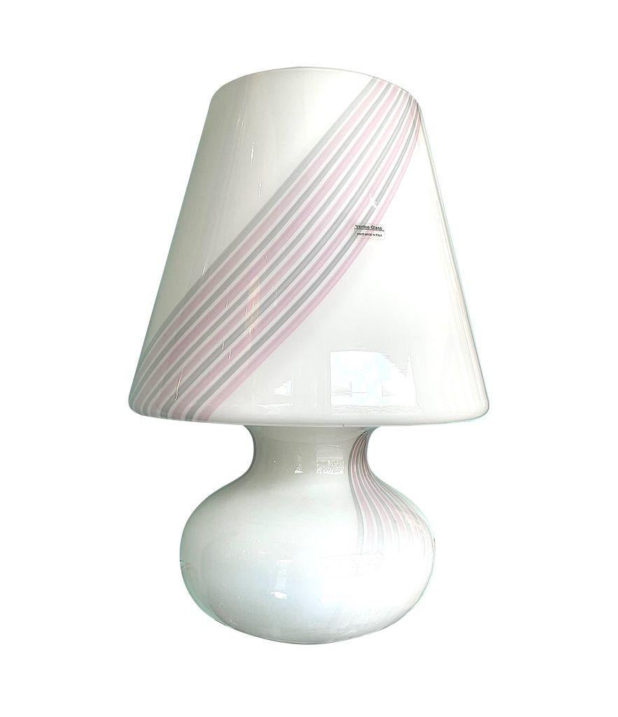 A large 1980s handmade Murano glass mushroom lamp with pink and grey stripes For Sale 2