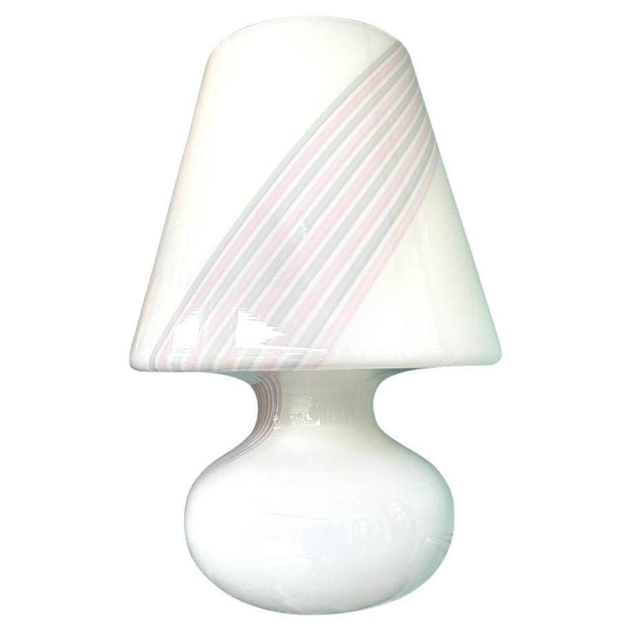 A large 1980s handmade Murano glass mushroom lamp with pink and grey stripes For Sale