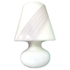 A large 1980s handmade Murano glass mushroom lamp with pink and grey stripes