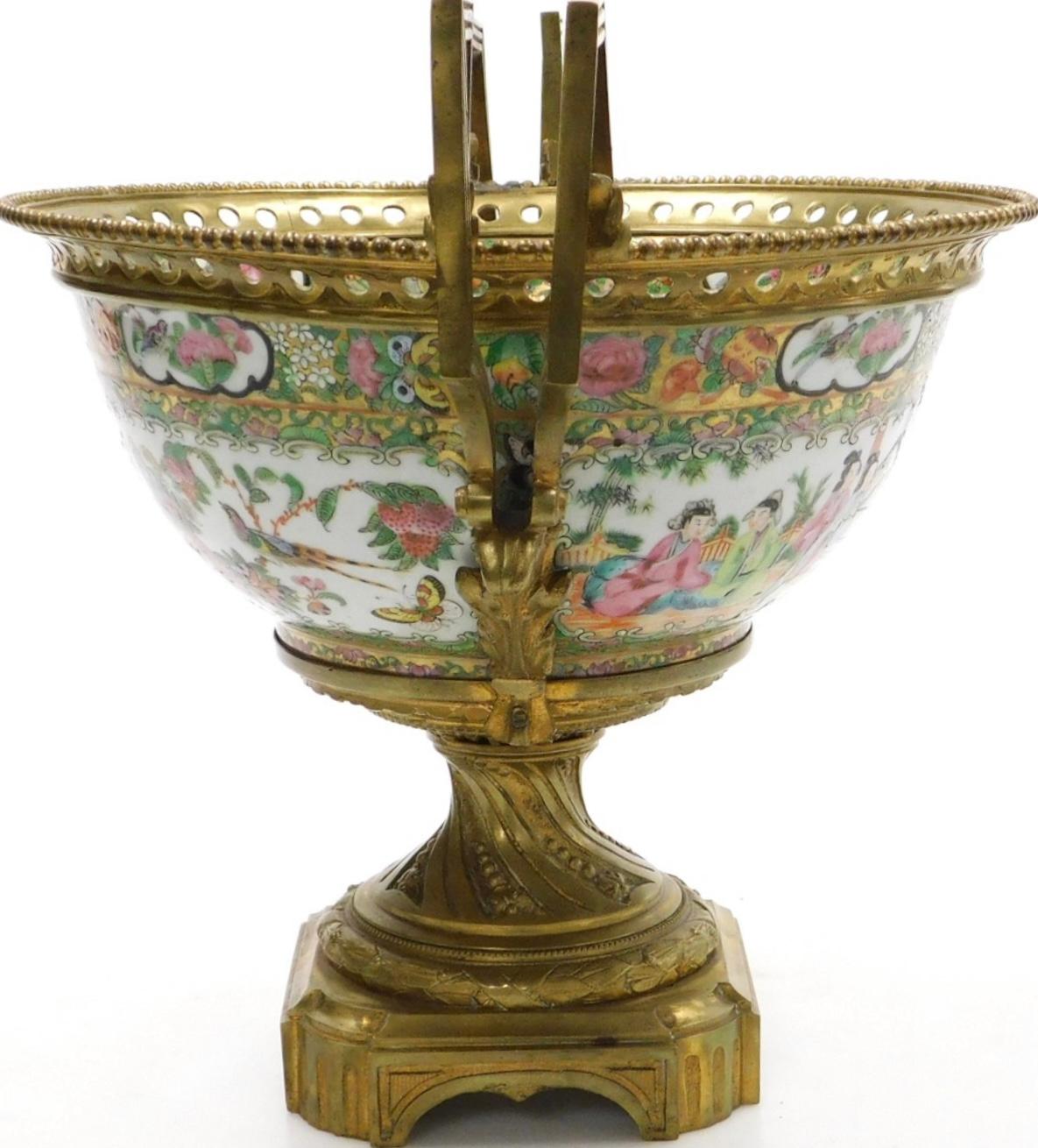 Chinese A Large 19th C Cantonese famille rose porcelain and ormolu mounted bowl. For Sale