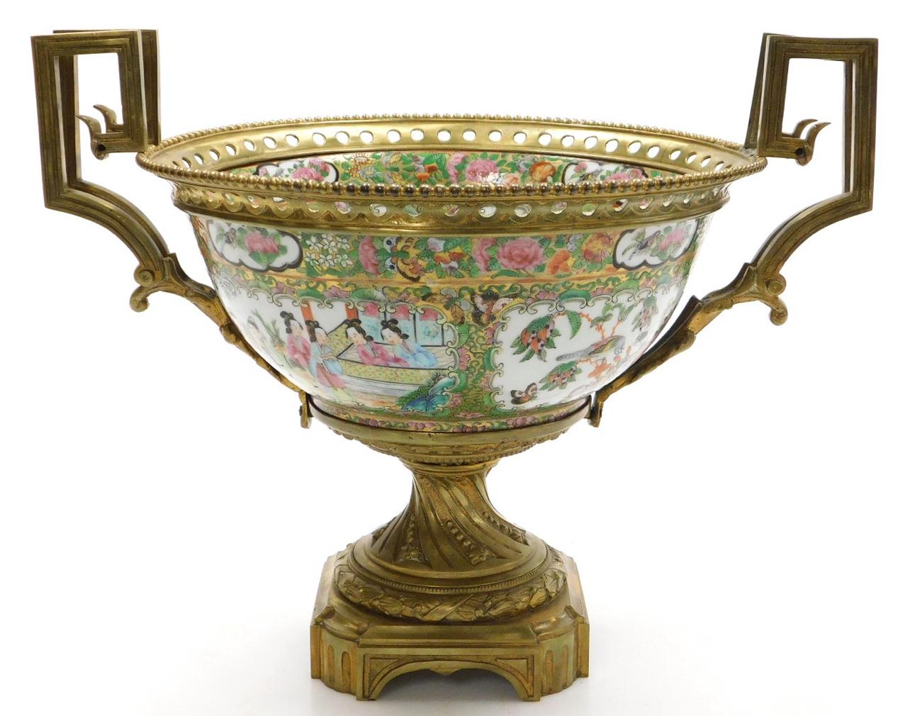 Hand-Painted A Large 19th C Cantonese famille rose porcelain and ormolu mounted bowl. For Sale