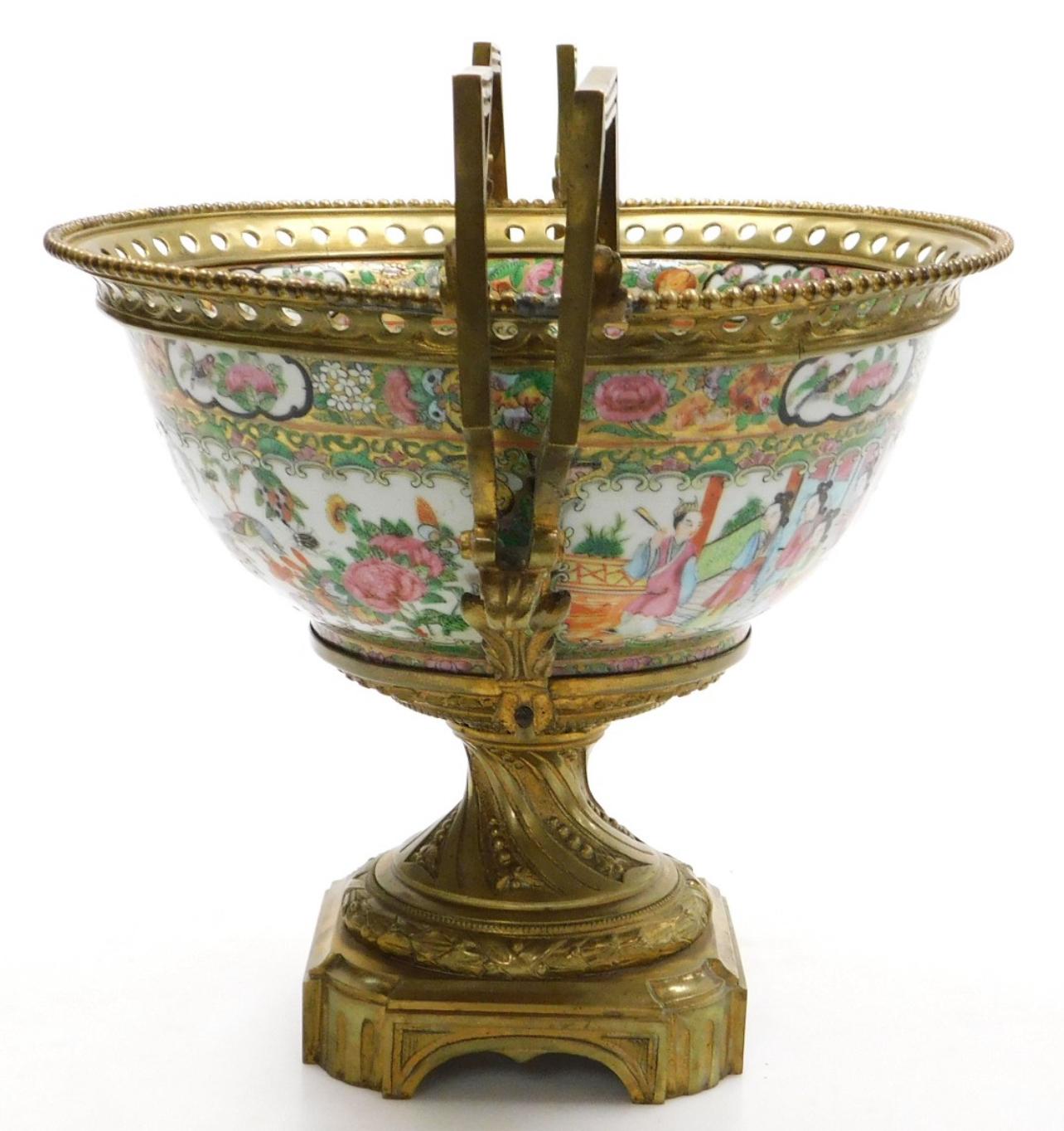 A Large 19th C Cantonese famille rose porcelain and ormolu mounted bowl. In Good Condition For Sale In London, GB