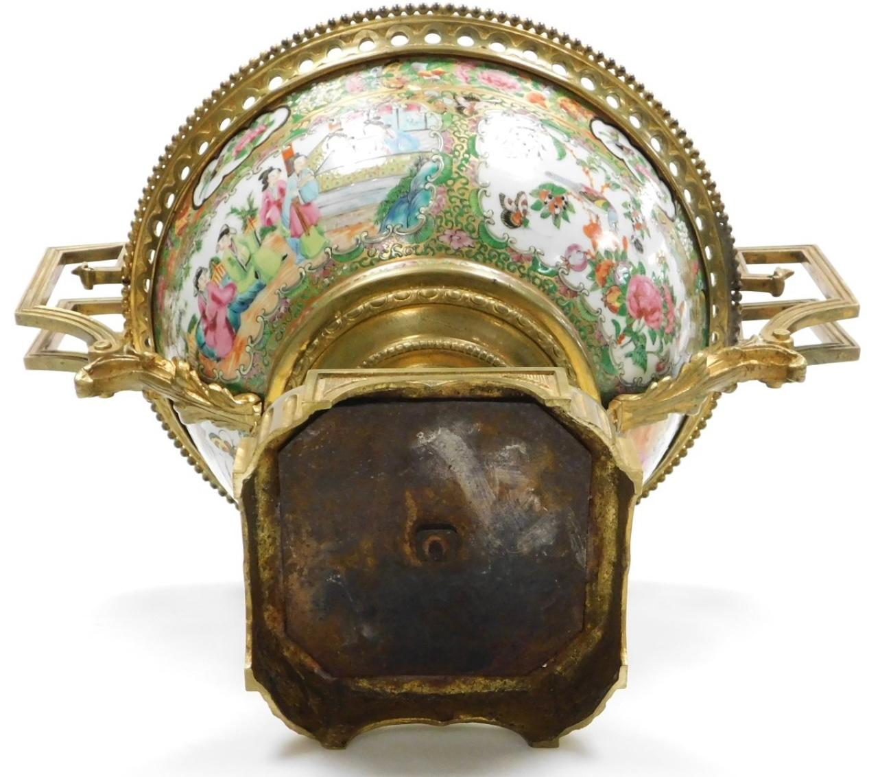 Bronze A Large 19th C Cantonese famille rose porcelain and ormolu mounted bowl. For Sale