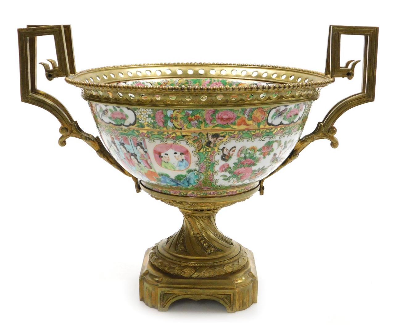 A Large 19th C Cantonese famille rose porcelain and ormolu mounted bowl. For Sale 1