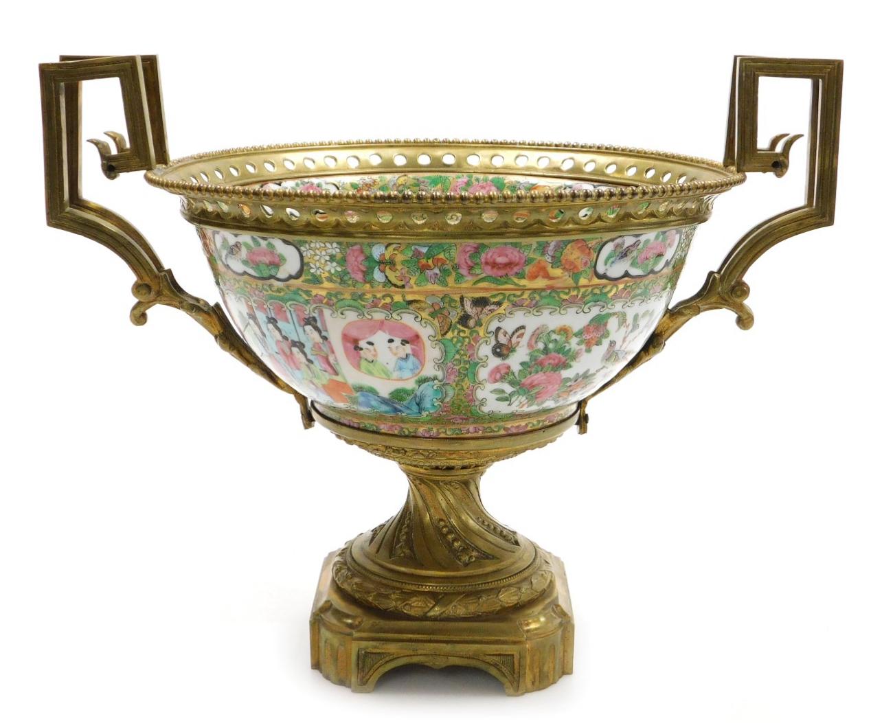 A Large 19th C Cantonese famille rose porcelain and ormolu mounted bowl. 1