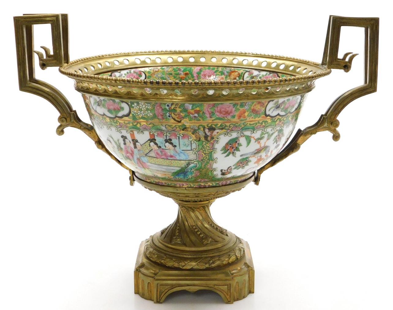 A Large 19th C Cantonese famille rose porcelain and ormolu mounted bowl. For Sale 2