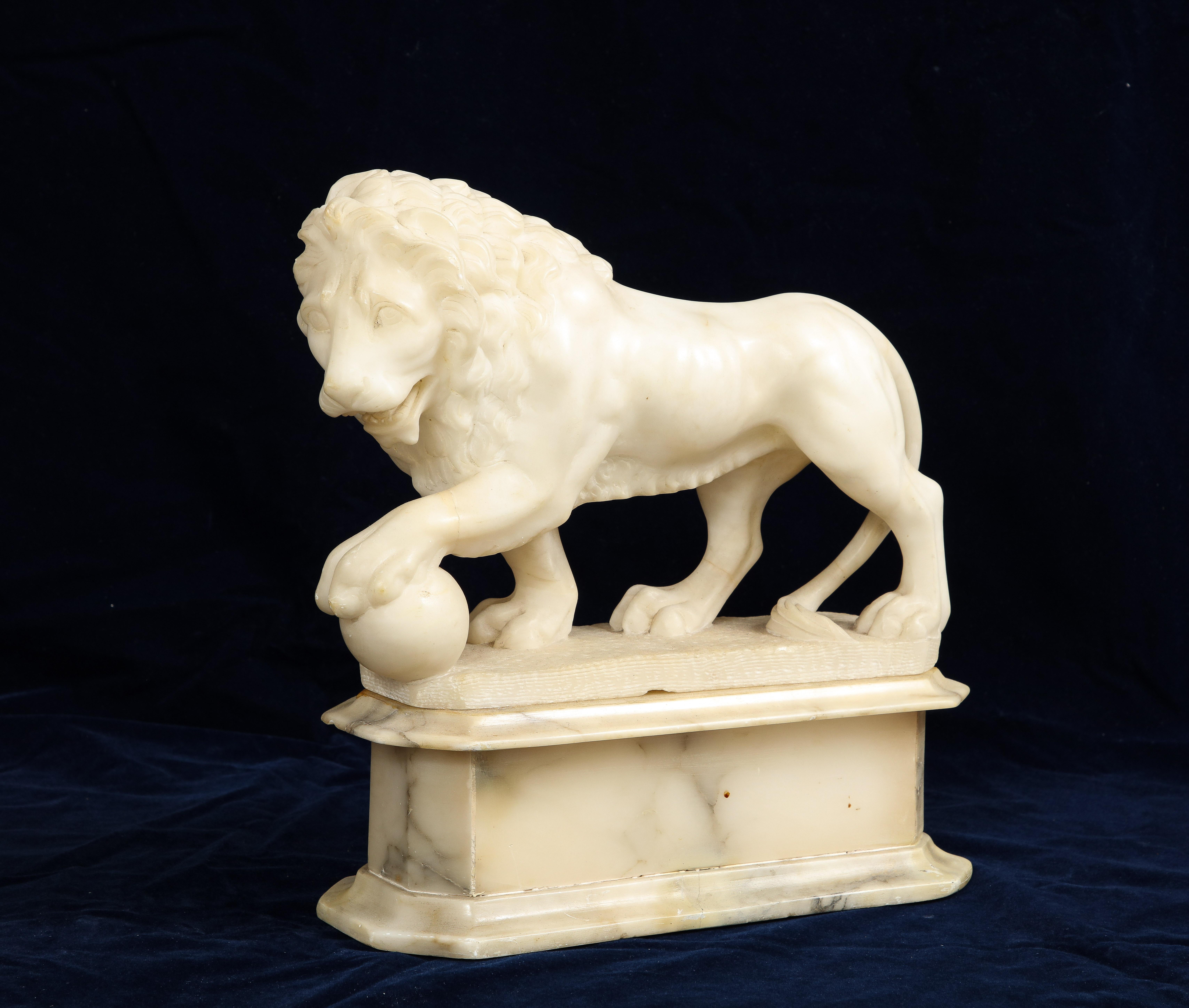 Grand Tour Large 19th C. Carrara Marble Lion with Orb on Stand by Pietro Simoni Da Barga