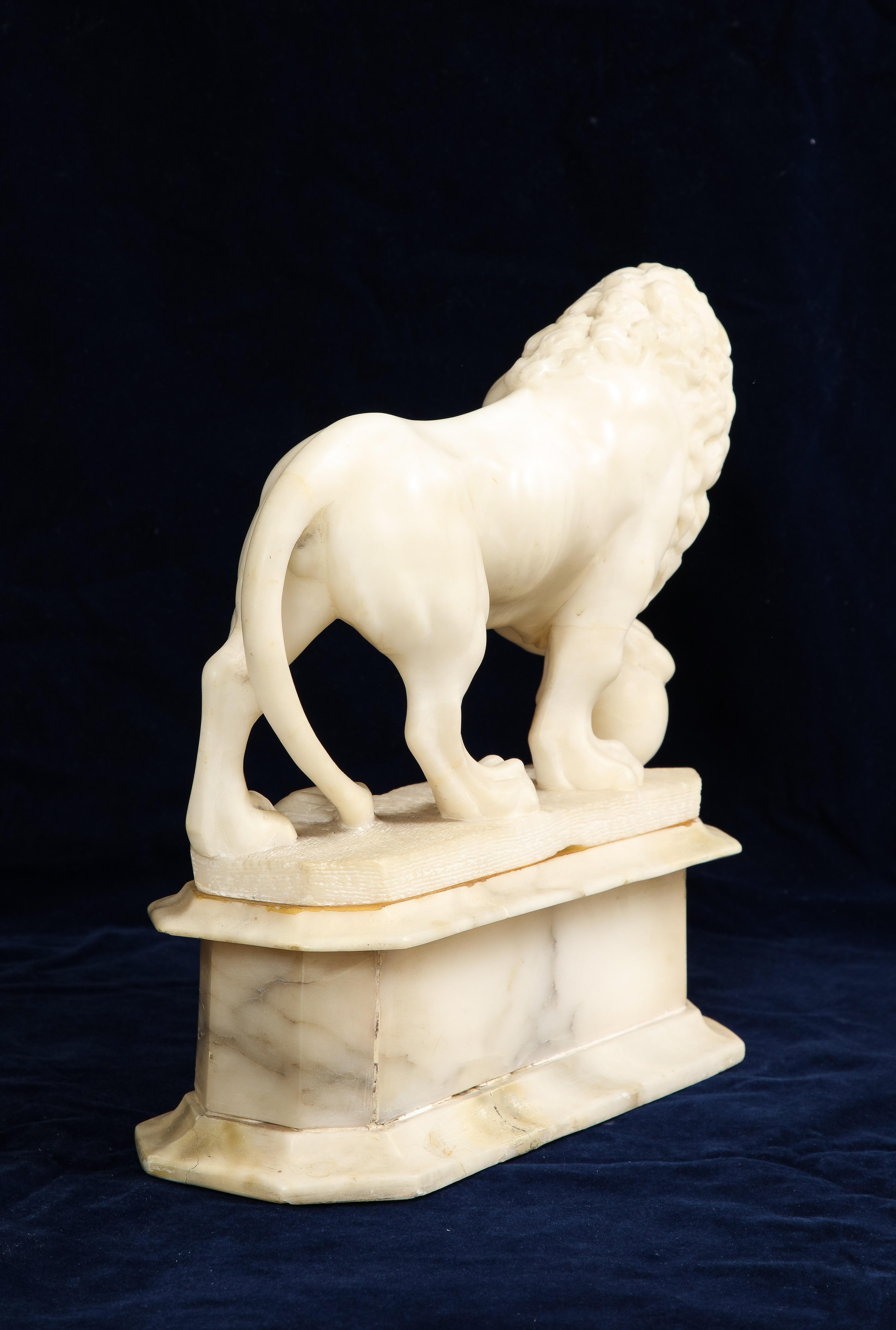 Hand-Carved Large 19th C. Carrara Marble Lion with Orb on Stand by Pietro Simoni Da Barga