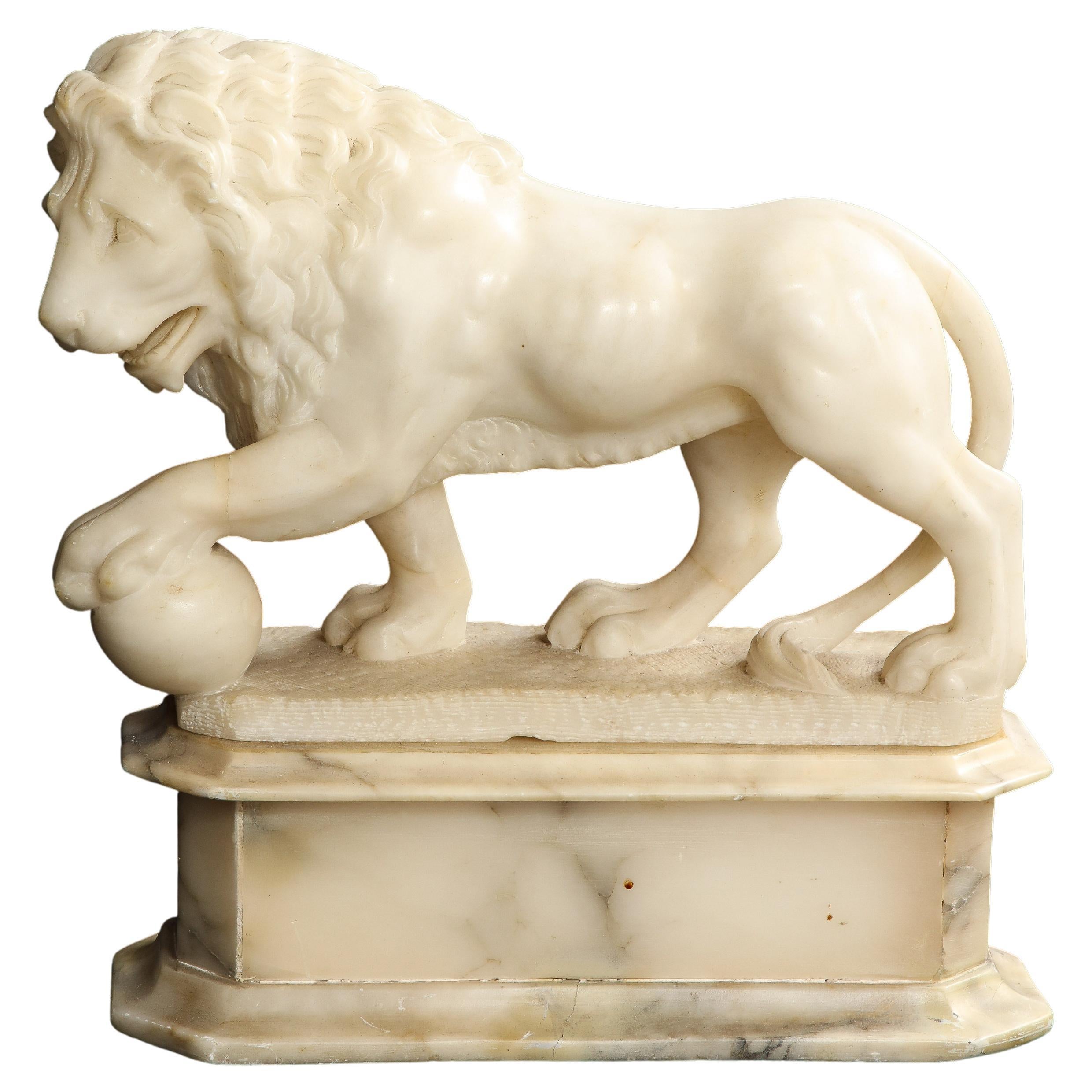 Large 19th C. Carrara Marble Lion with Orb on Stand by Pietro Simoni Da Barga